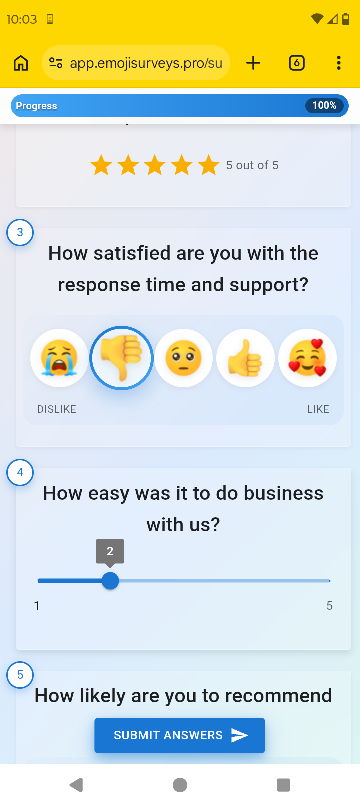 Employee feedback survey example with emoji-based engagement ratings and live results