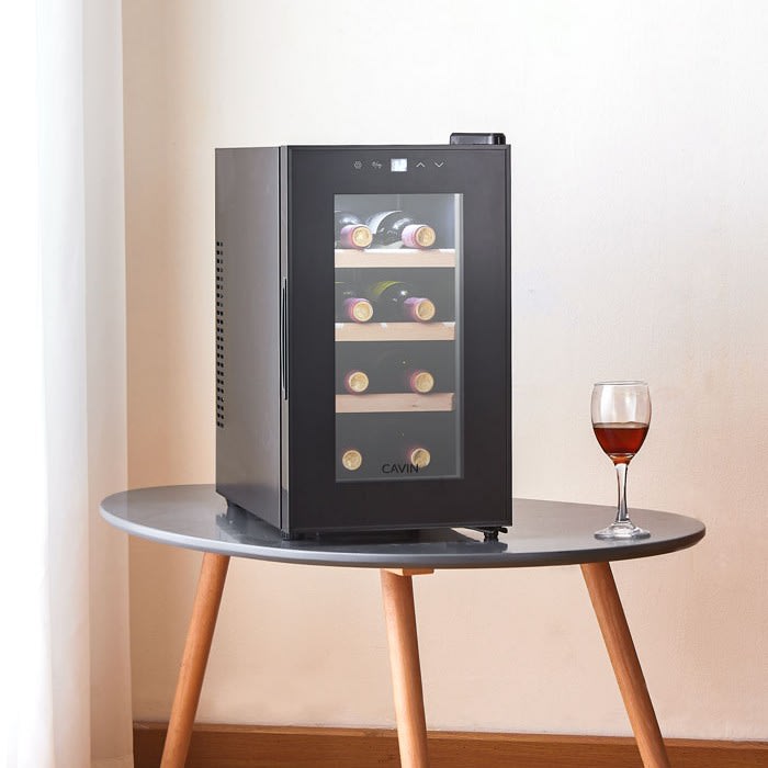 Wine cooler freestanding black, Cavin Northern Collection 8, one temperature zone, 8 bottles, silent wine cooler, affordable wine cooler, W: 26.5 x H: 47.5 x D: 51.5 cm