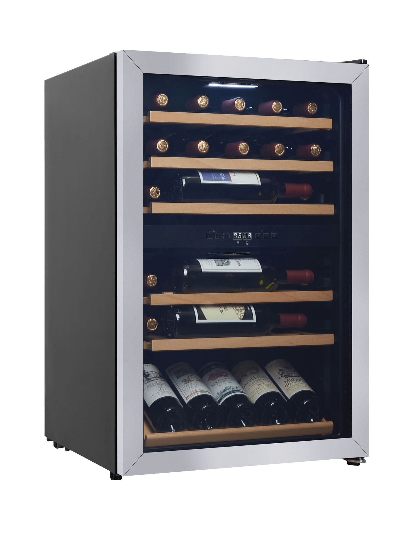 Cave à vin pose libre inox, Cavin Polar Collection 52, deux zones de température, 37 bouteilles, étagères coulissantes, étagères en bois, L: 54 x H: 84,5 x P: 54,8 cm
