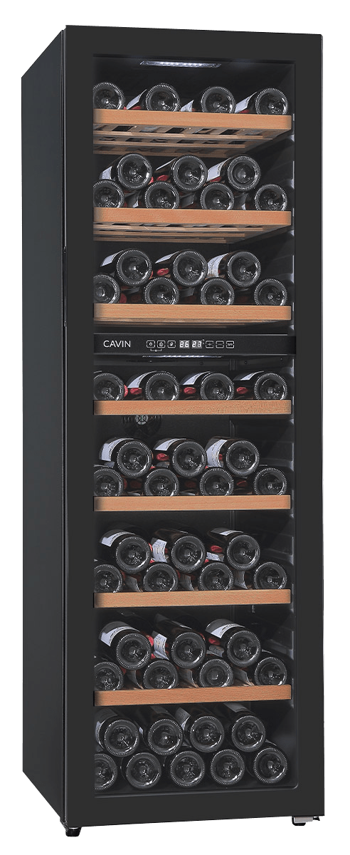 Wine cooler freestanding black, Cavin Polar Collection 83, two temperature zones, 83 bottles, pull-out shelves, wooden shelves, W: 49 x H: 150 x D: 57.5 cm