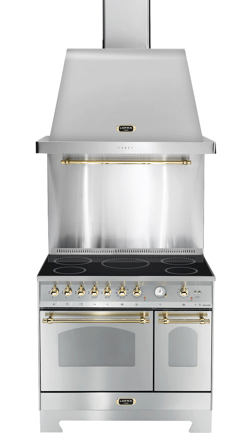 Komfurpakke Rustfri/Messing - Dolce Vita 90 cm Induktion (Komfur + Emhætte + Stænkplade)