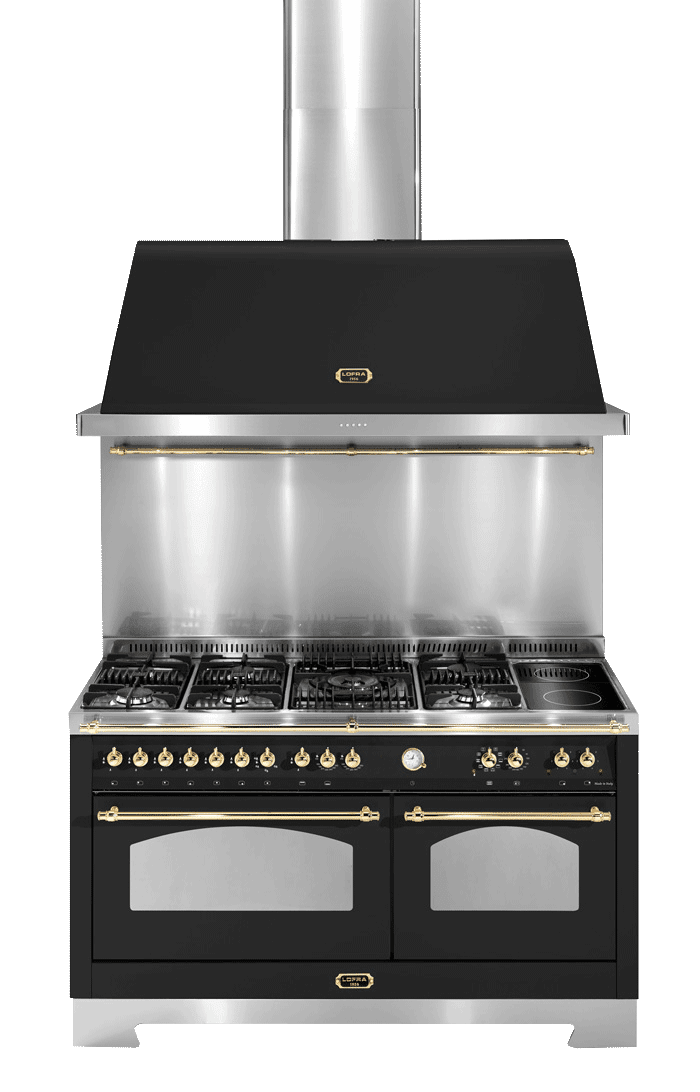 Komfurpakke Sort/Messing - Dolce Vita 150 cm (komfur + emhætte + stænkbeskyttelse) Gaskomfur