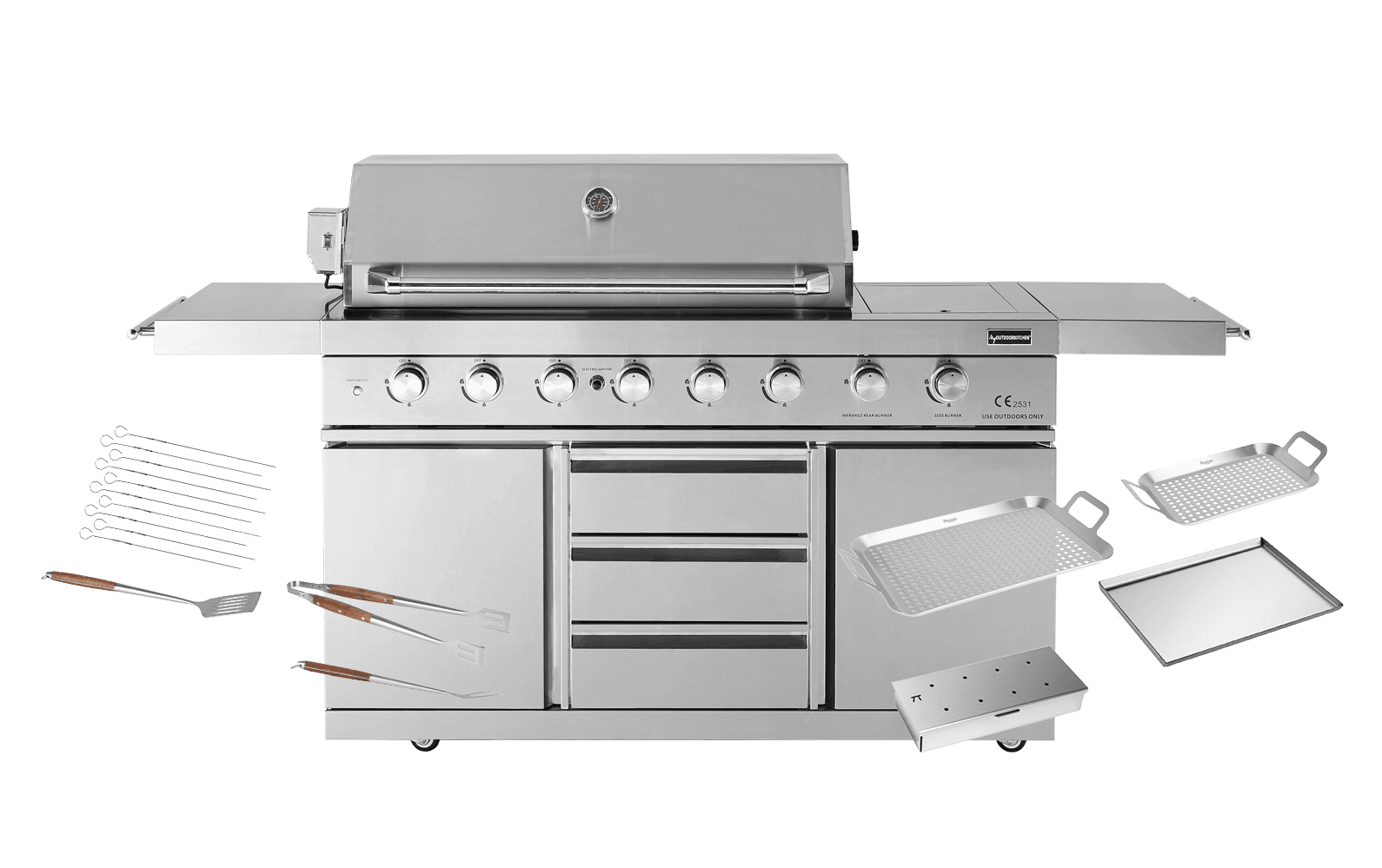 Stainless Collection - Fritstående Gasgrill med 6 brændere og infrarød PowerSear Zone - Inkl. tilbehørspakke