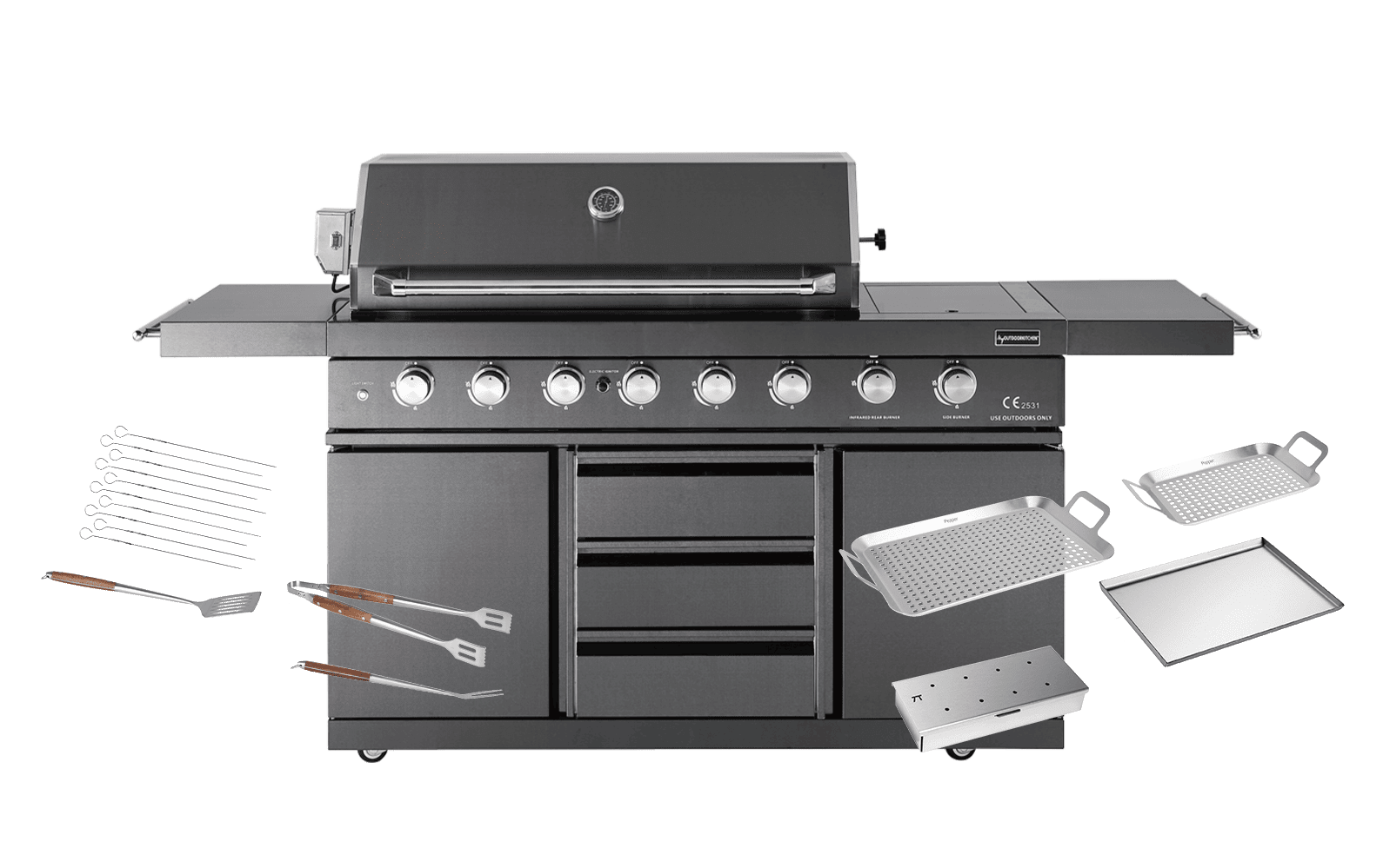 Black Collection - Fritstående Gasgrill med 6 brændere og infrarød PowerSear Zone - Inkl. tilbehørspakke