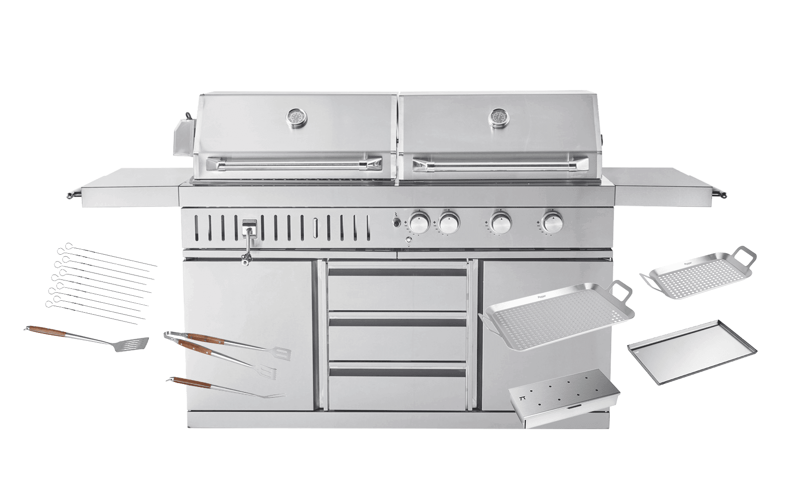 Myoutdoorkitchen Stainless Collection - Freistehender Gas- Und Holzkohlegrill - Inkl. Zubehörpaket