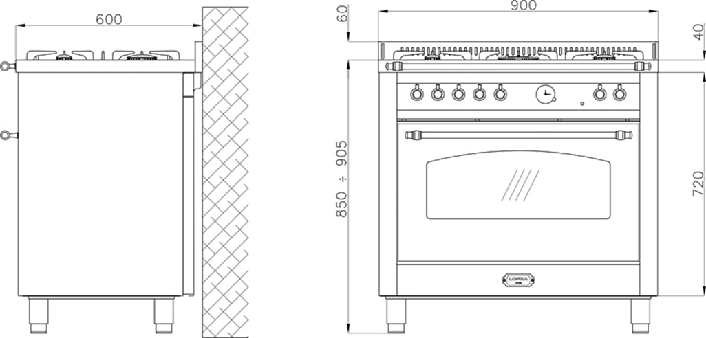 Ensemble piano de cuisson Acier inoxydable/Laiton - Dolcevita 90 cm (piano de cuisson à gaz + hotte + crédence)