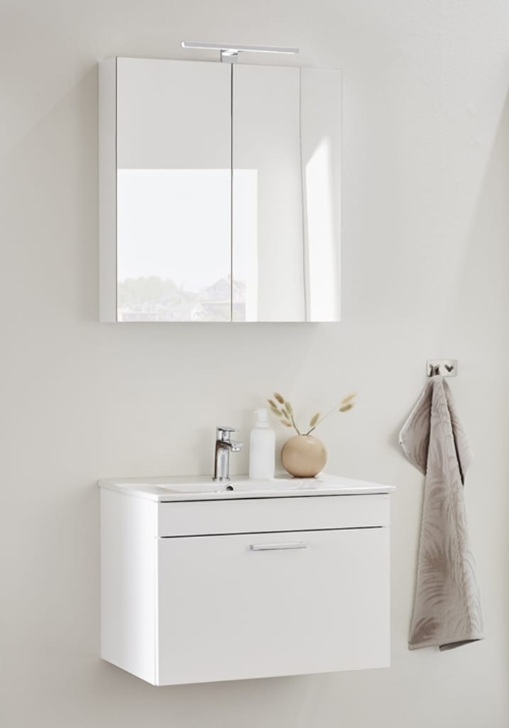 Go 800 Komplett Waschtisch Set mit Spiegelschrank Weiß