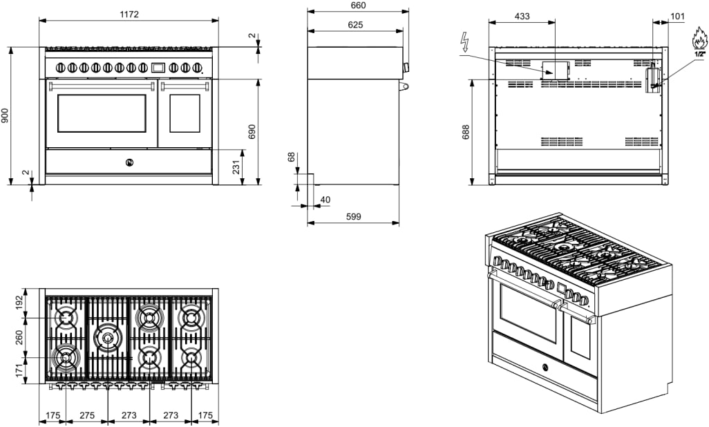 Genesi - Combi-steam - Gasskomfyr 120 cm (2 ovner) (Bordeaux) + BBQ