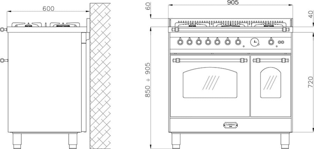 Herd - Dolce Vita 90 cm (2 Backöfen) (Schwarz/Messing) Induktion - Für Einbau in Kücheninsel geeignet