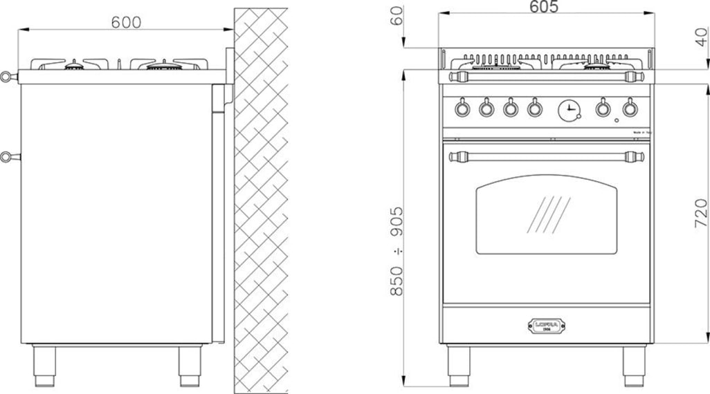 Piano de cuisson - Dolce Vita 60 cm (1 four à gaz) (Noir/Laiton) Gaz