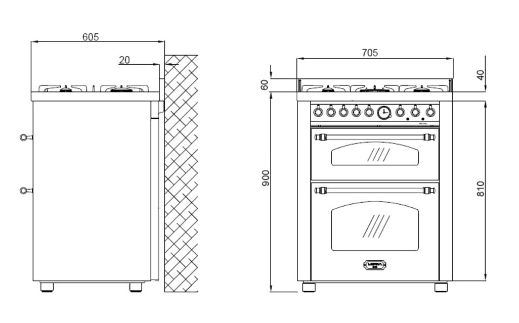 Range cooker - Dolce Vita 70 cm (2 ovens) (Black/Brassed) Gas