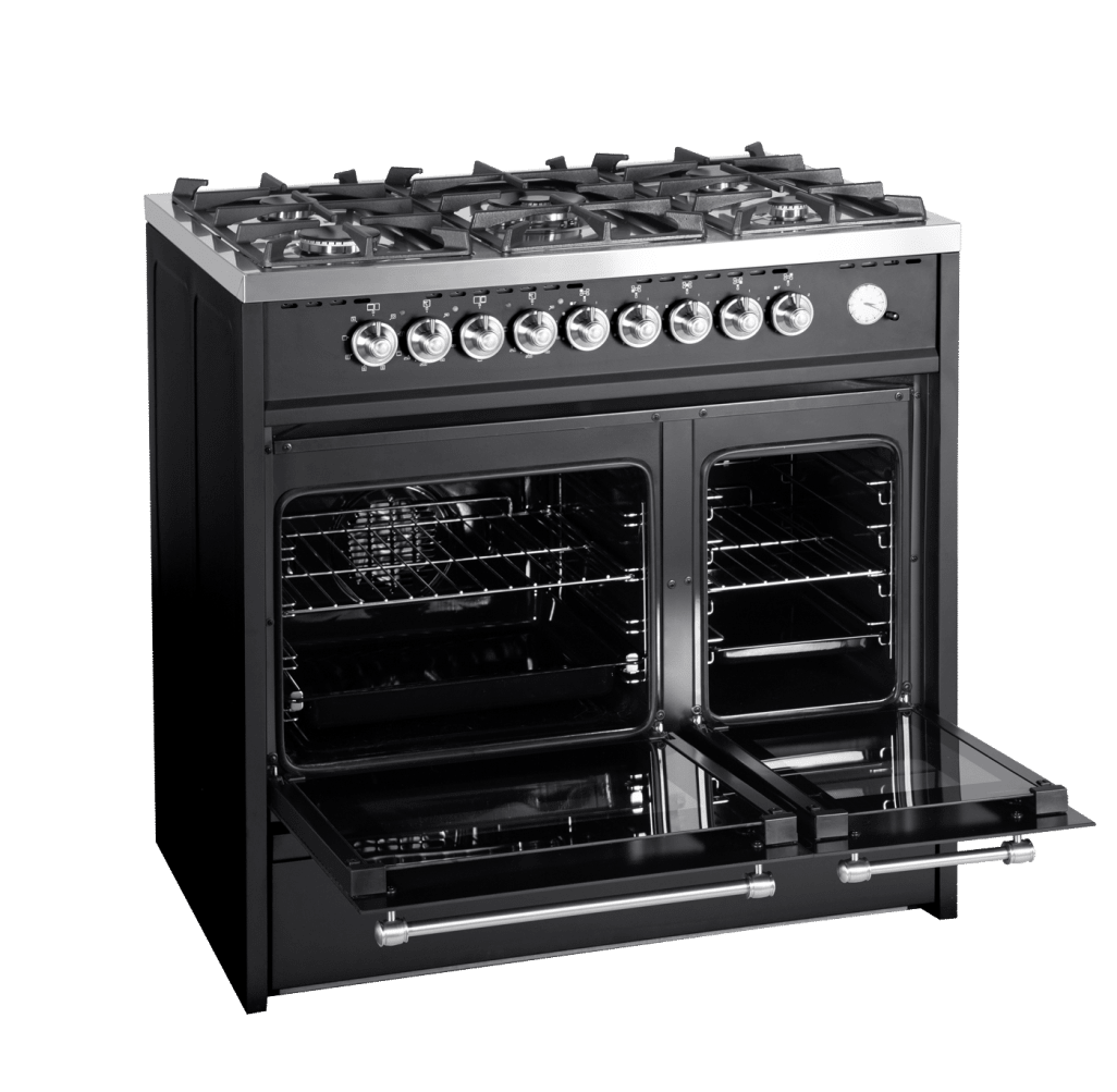 Gasherd - Cuore 90 cm (2 Backöfen) (Schwarz/Gebürstetes Messing) 