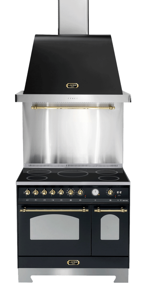 Ensemble piano de cuisson Noir/Laiton - Dolcevita 90 cm (piano de cuisson à induction + hotte + crédence)