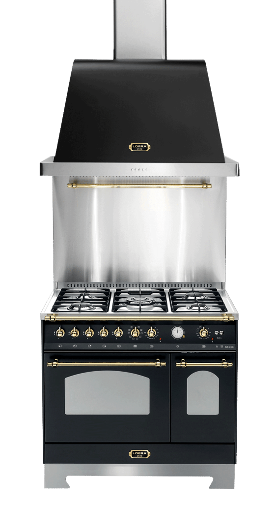 Komfyrpakke Svart/Messing – Dolce Vita 90 cm 2 ovner (komfyr + vifte + veggbeskyttelse)