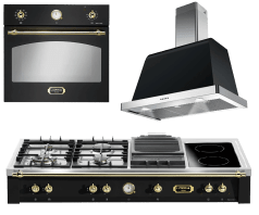 Ensemble de cuisson noir/laiton - Dolce Vita (surface de cuisson gaz et vitrocéramique + four encastrable + hotte) 