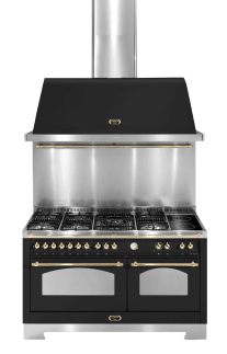 Ensemble piano de cuisson Noir/Laiton - Dolcevita 150 cm (piano de cuisson à gaz et vitrocéramique + hotte + crédence) 