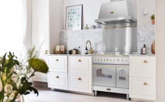 Ensemble piano de cuisson Acier inoxydable/Laiton - Dolcevita 90 cm (piano de cuisson à gaz + hotte + crédence)