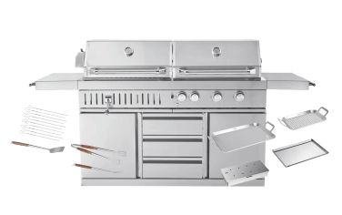 Stainless Collection - Vapaasti seisova kaasugrilli ja hiiligrilli - Mukana tarvikepaketti