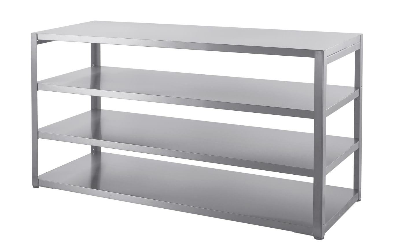 Table with store shelves on side