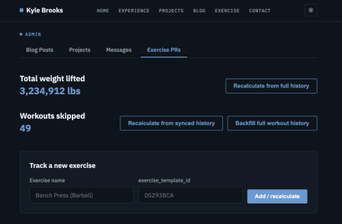 Exercise admin page