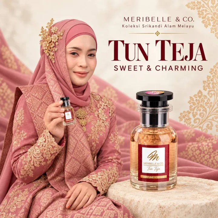 Botol perfume Meribelle Tun Teja bersama karakter koleksi