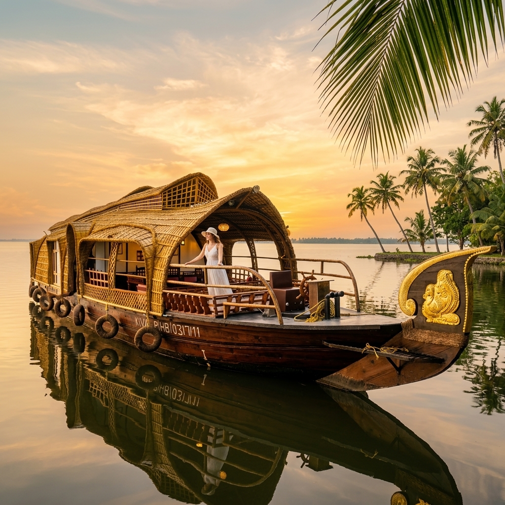 Traditional Kerala houseboat sailing in palm-fringed backwaters during golden hour