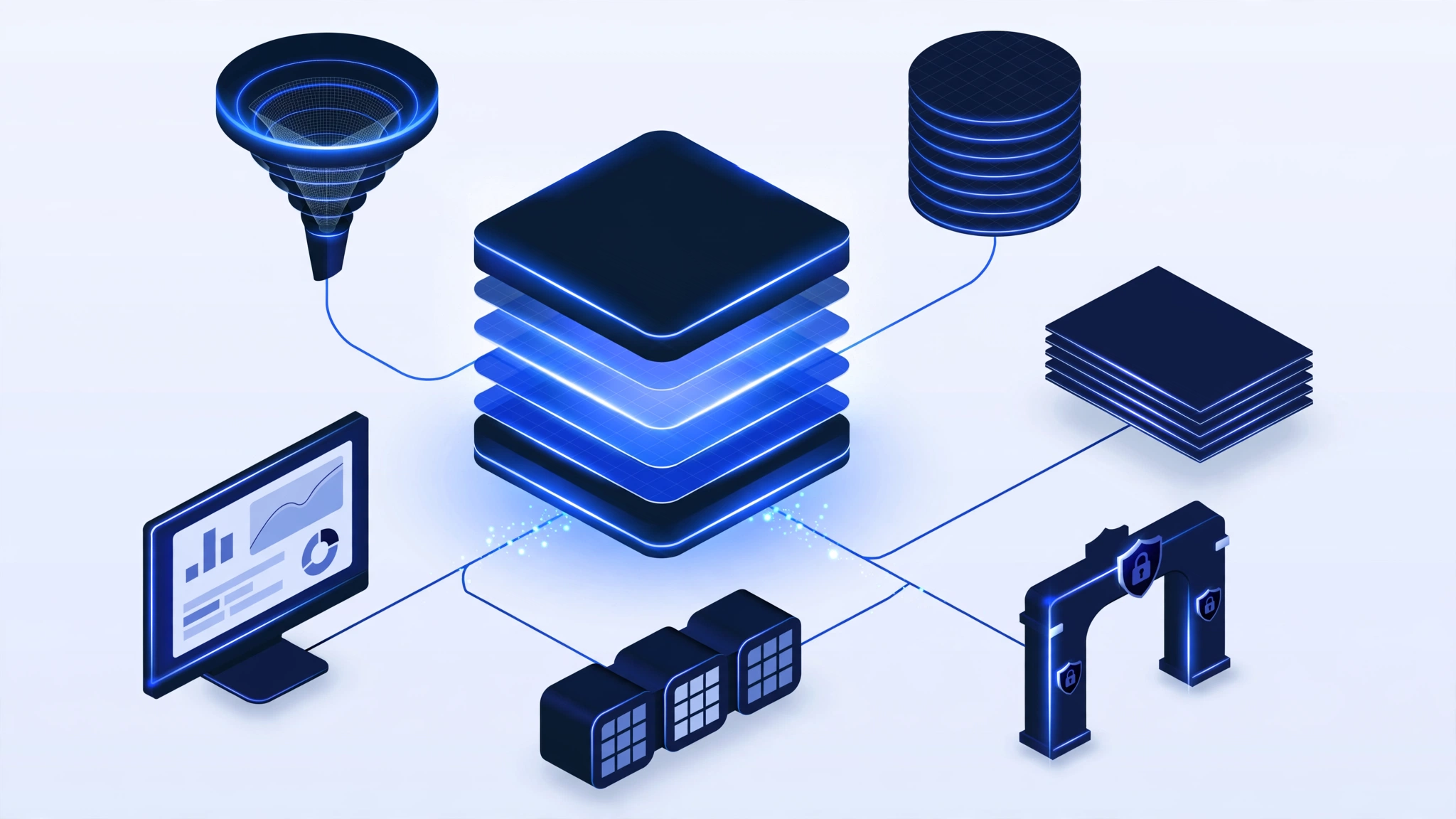 AI application architecture connecting language models, company data, APIs, and business software