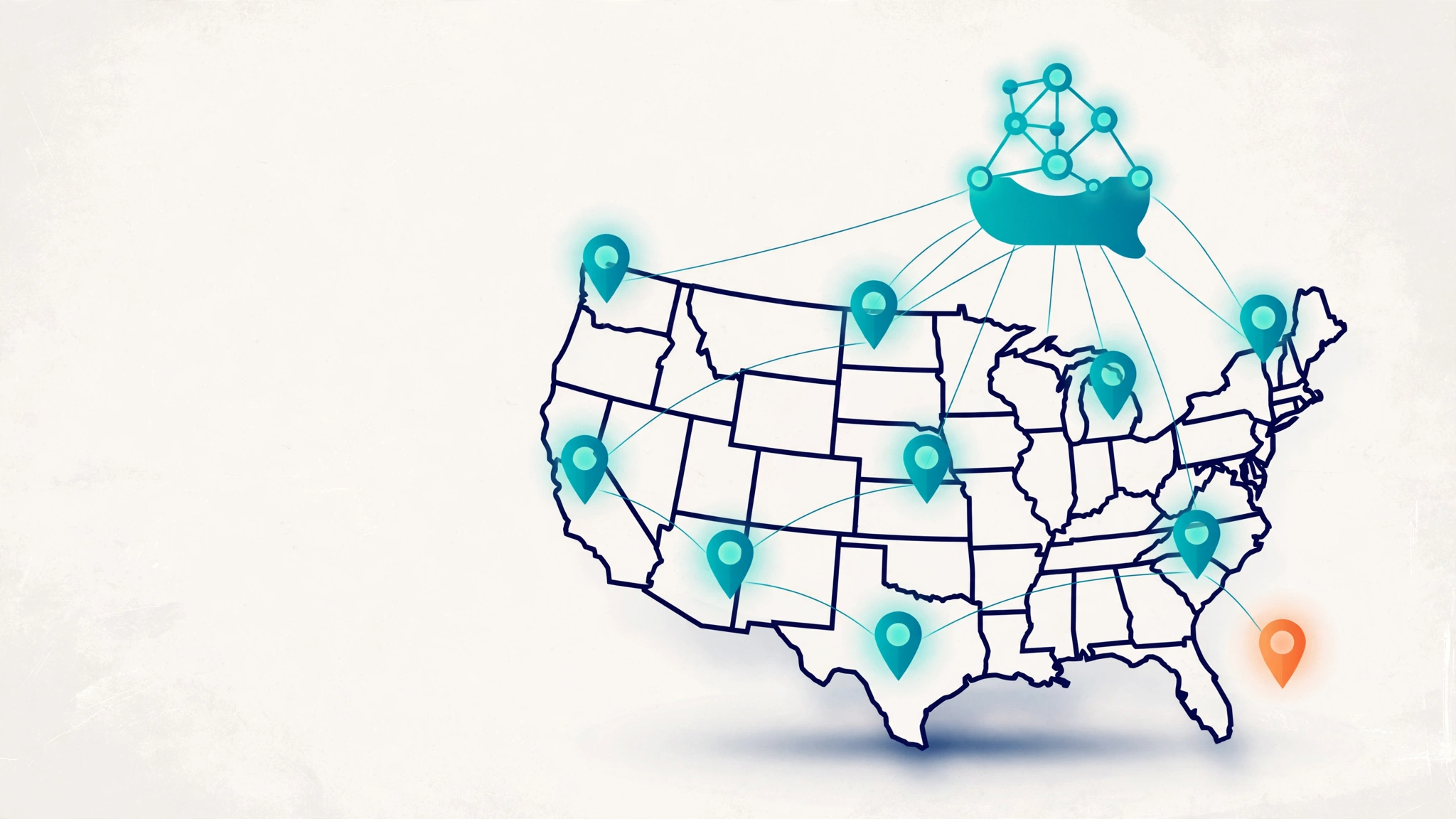 Illustration of a US map with ten pins, representing the best AI agent development company in USA comparison