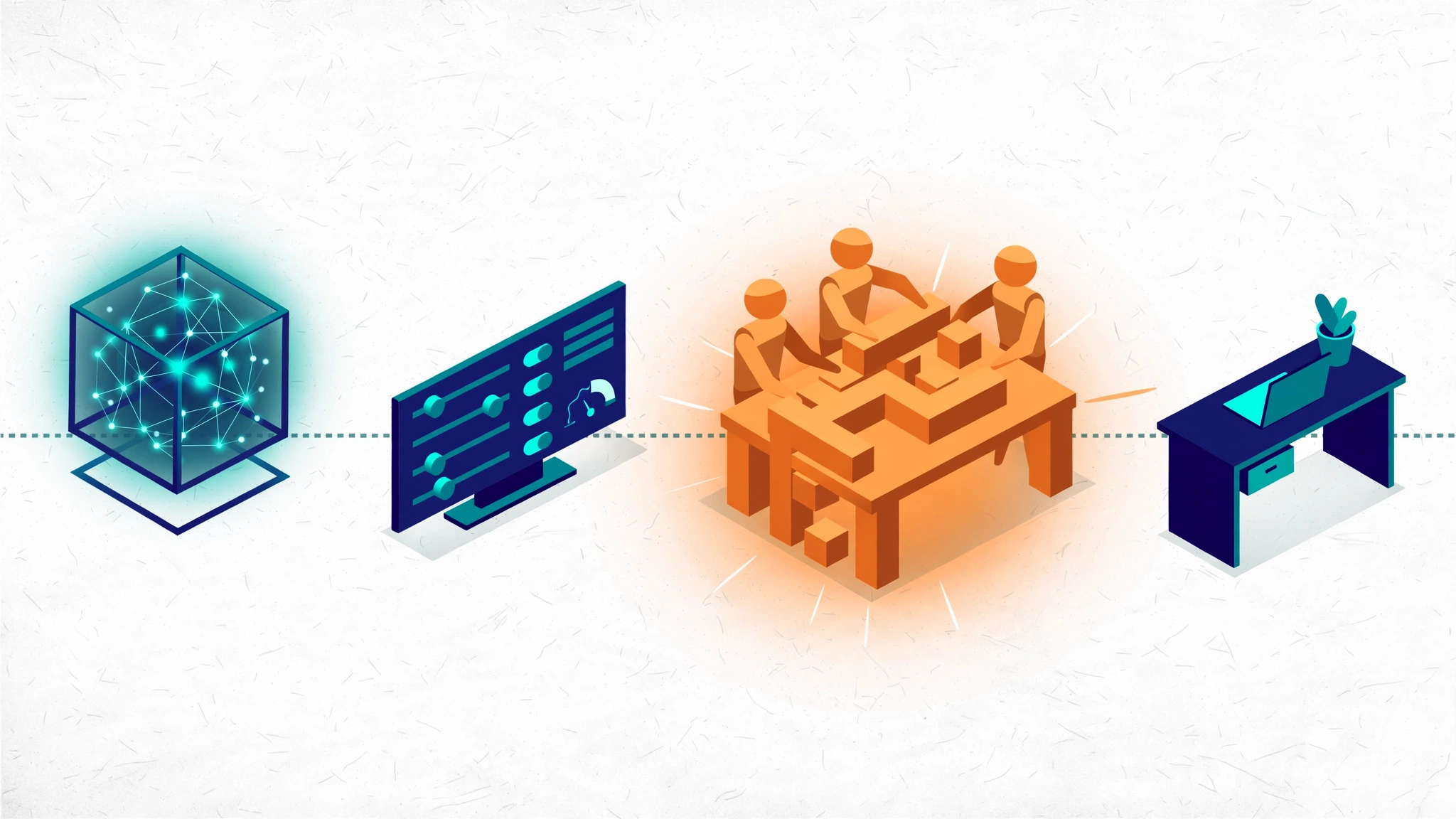 Illustration comparing model labs, agent platforms, development agencies and in-house teams