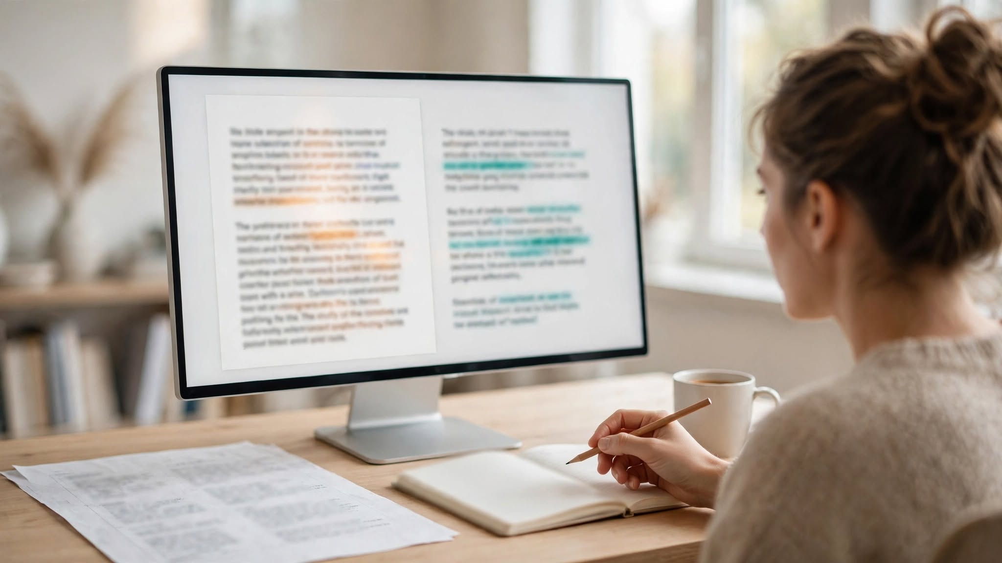 Writer reviewing a rewritten passage against the original