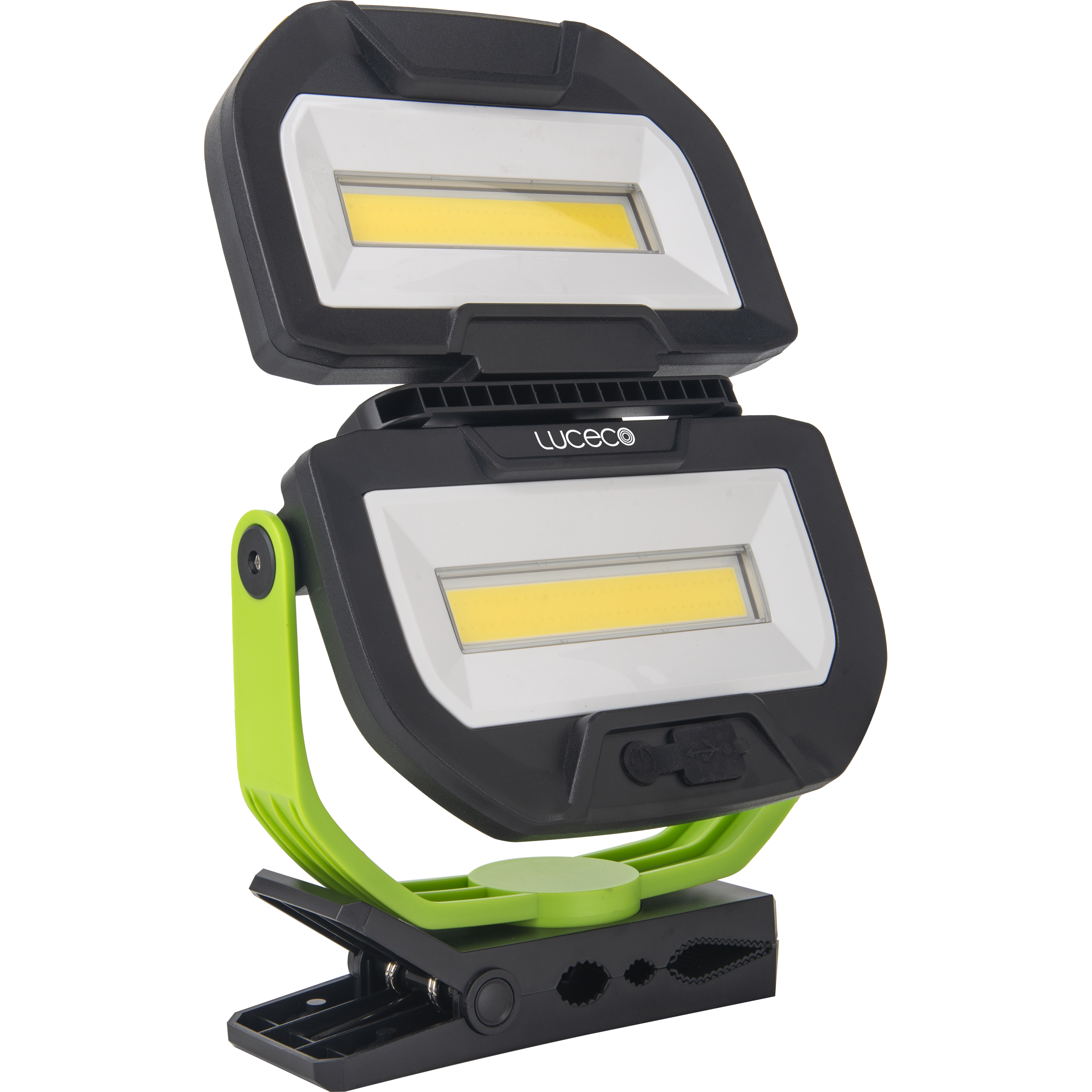 Luceco Twin Panel LED Worklight with Magnetic Clamp and USB Power Bank, Rechargeable, Fully Rotating and Tilting Inspection Light, Folding, High Capacity Battery, IP54, 30W, 2500lm, 6500K,