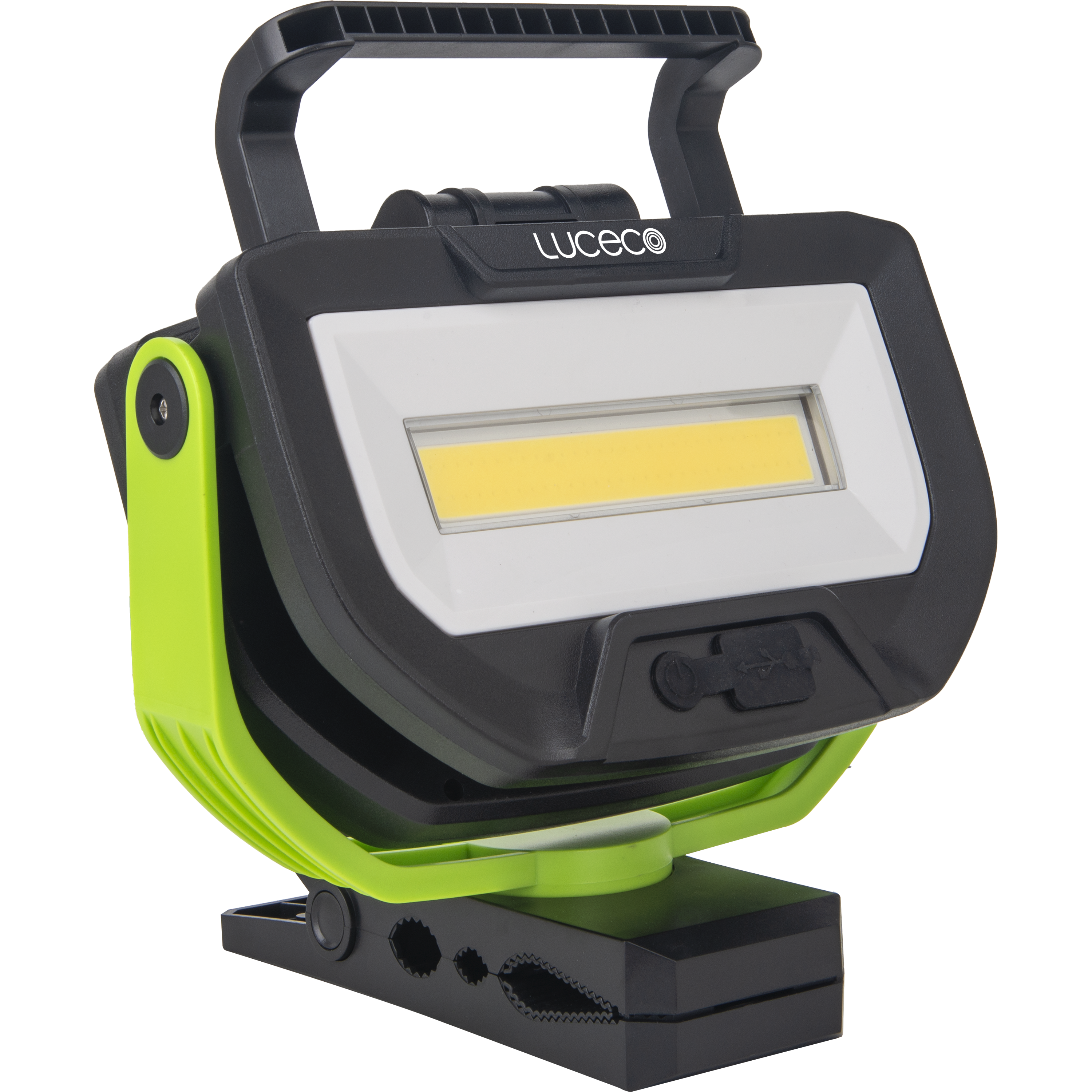 Luceco Twin Panel LED Worklight with Magnetic Clamp and USB Power Bank, Rechargeable, Fully Rotating and Tilting Inspection Light, Folding, High Capacity Battery, IP54, 30W, 2500lm, 6500K,