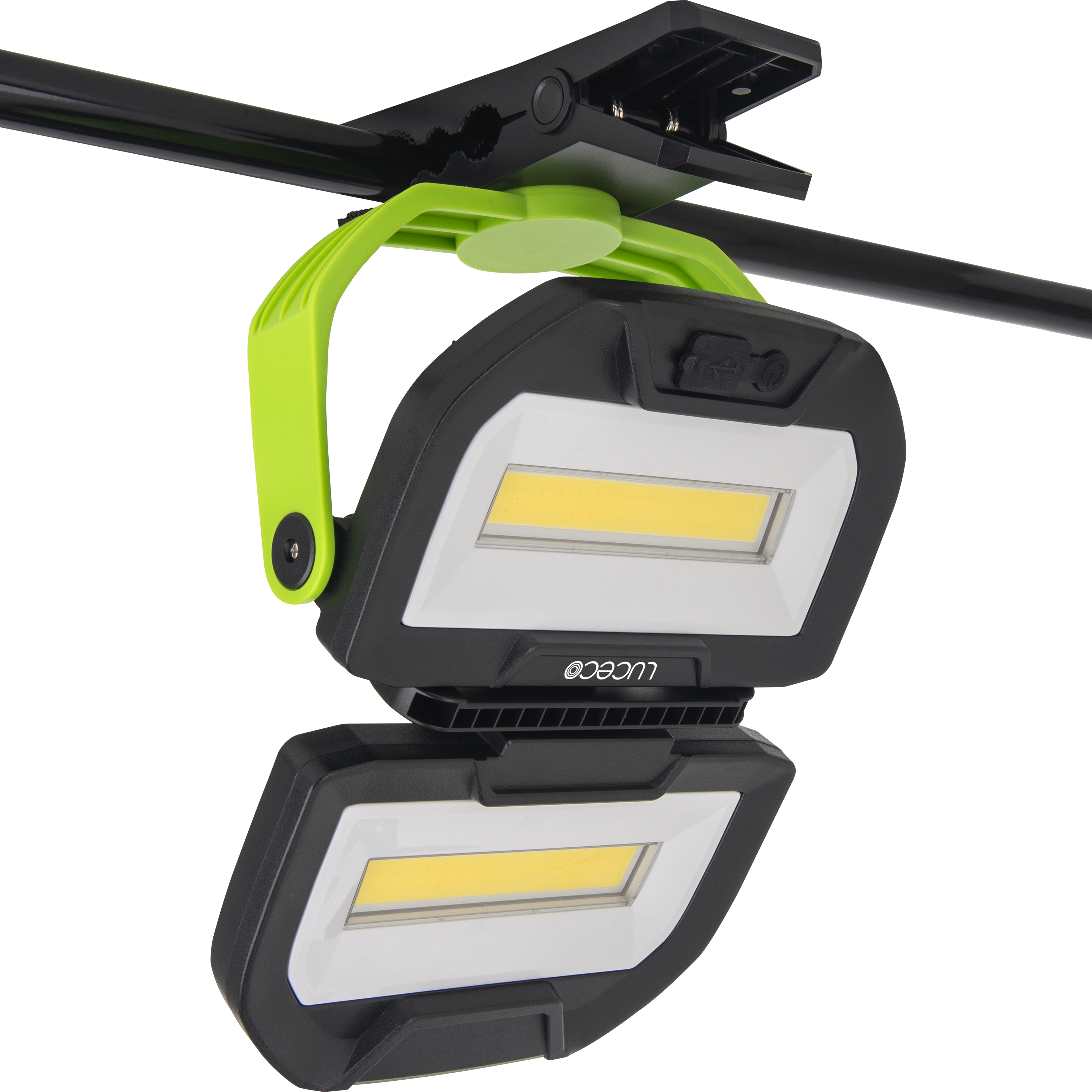 Luceco Twin Panel LED Worklight with Magnetic Clamp and USB Power Bank, Rechargeable, Fully Rotating and Tilting Inspection Light, Folding, High Capacity Battery, IP54, 30W, 2500lm, 6500K,