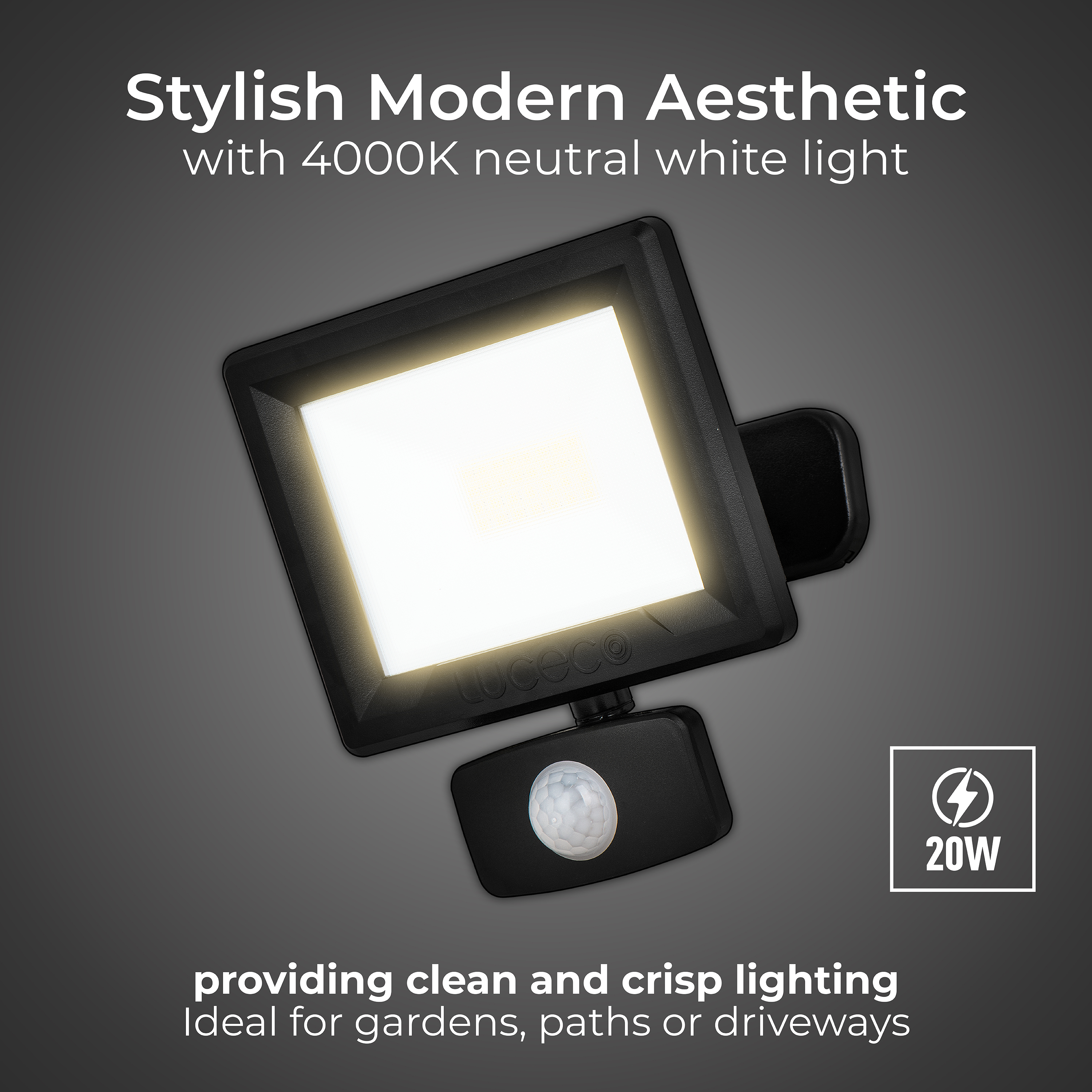 Essence floodlight with ball joint 20W black 4000K colour temp with PIR
