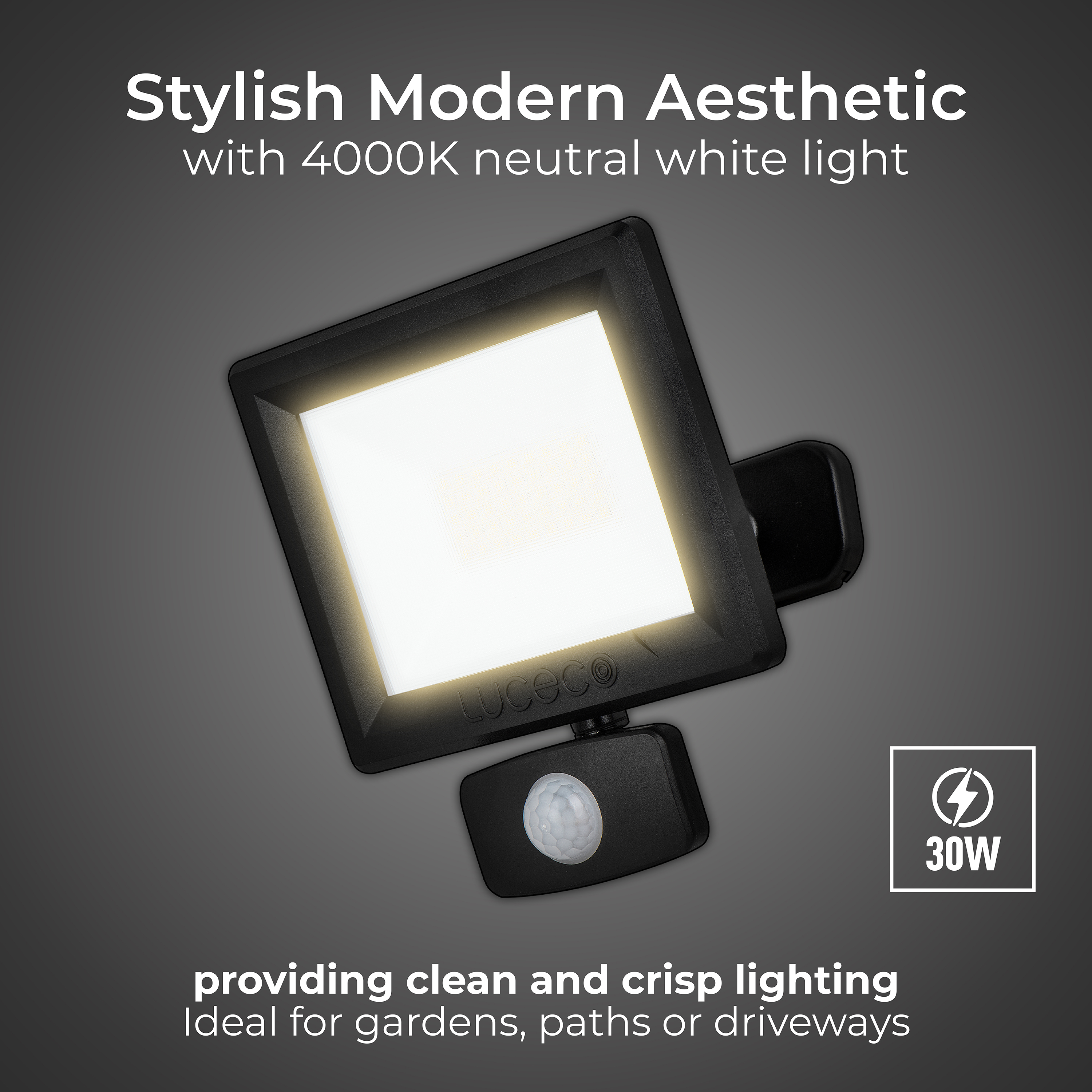 Essence floodlight with ball joint 30W black 4000k colour temp with PIR