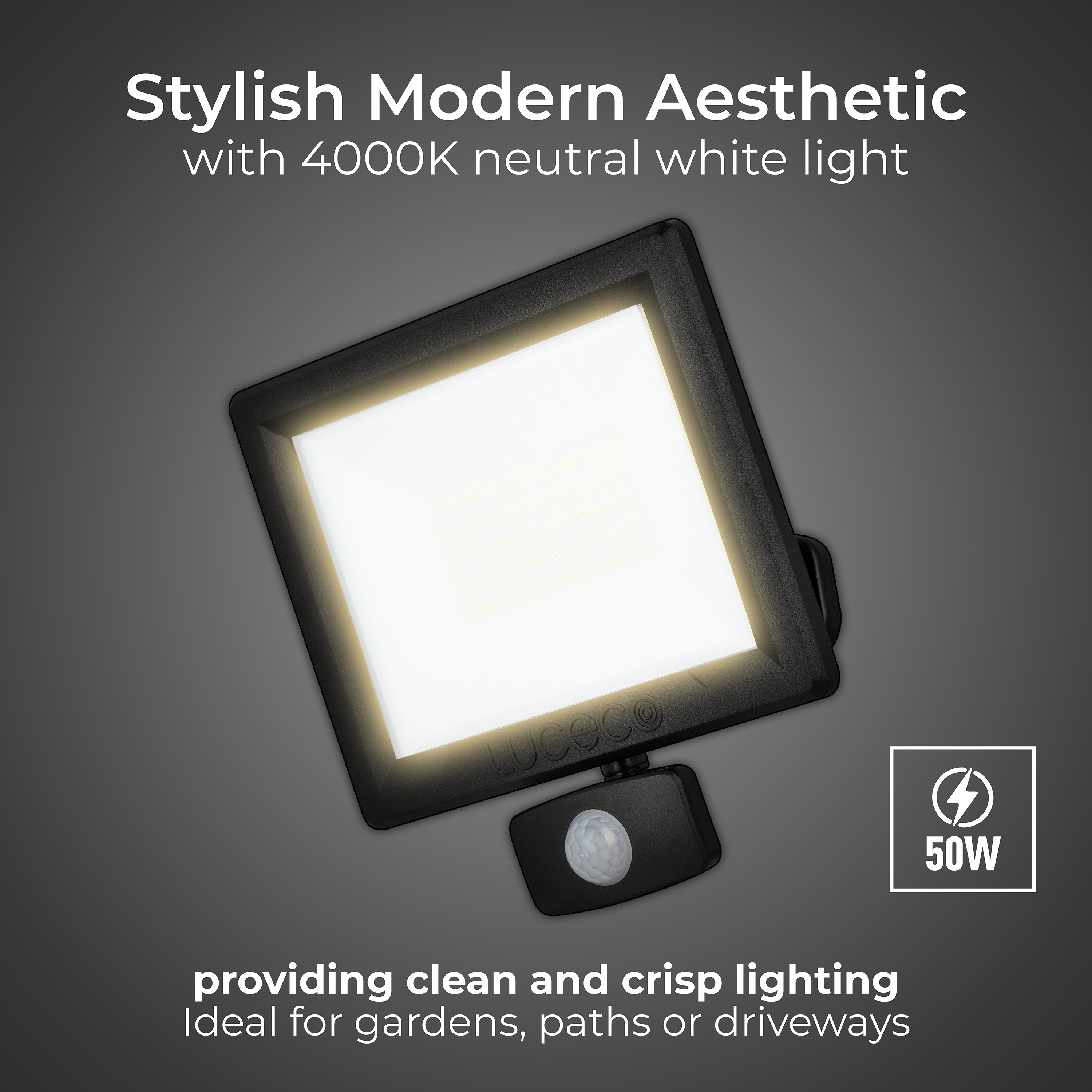 Essence floodlight with ball joint 50W black 4000k colour temp with PIR