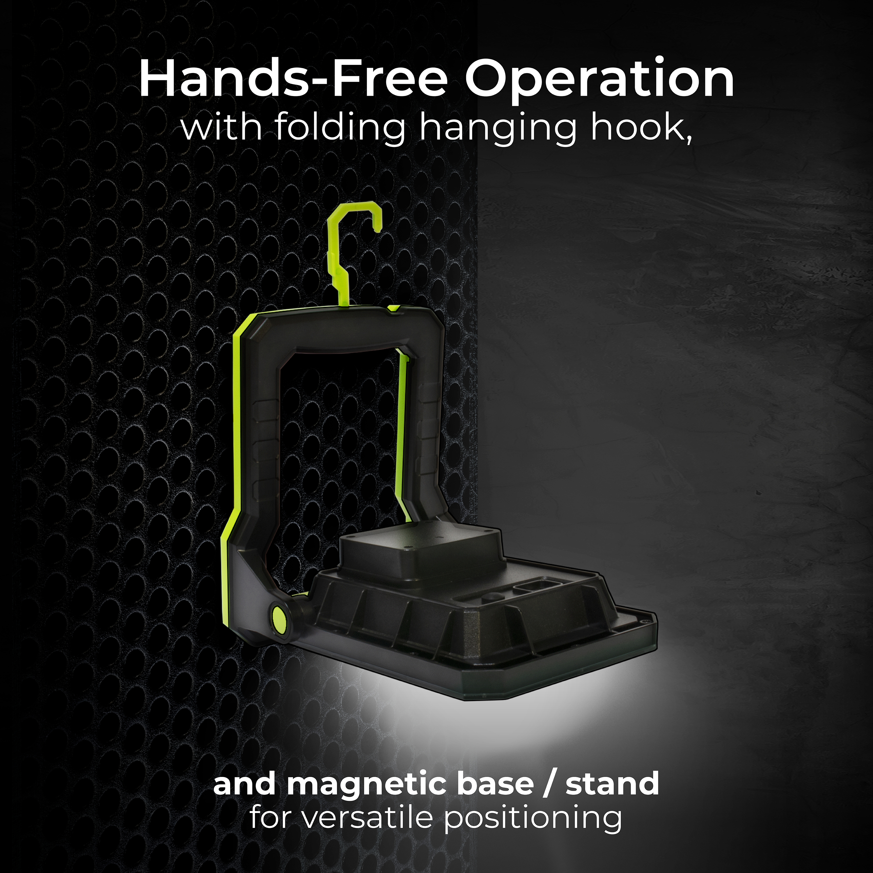 USB-C rechargeable magnetic worklight with Power-bank for charging devices. Fully adjustable with and 3 lighting modes up to 1300 Lumens making ideal for professional and recreational applications.