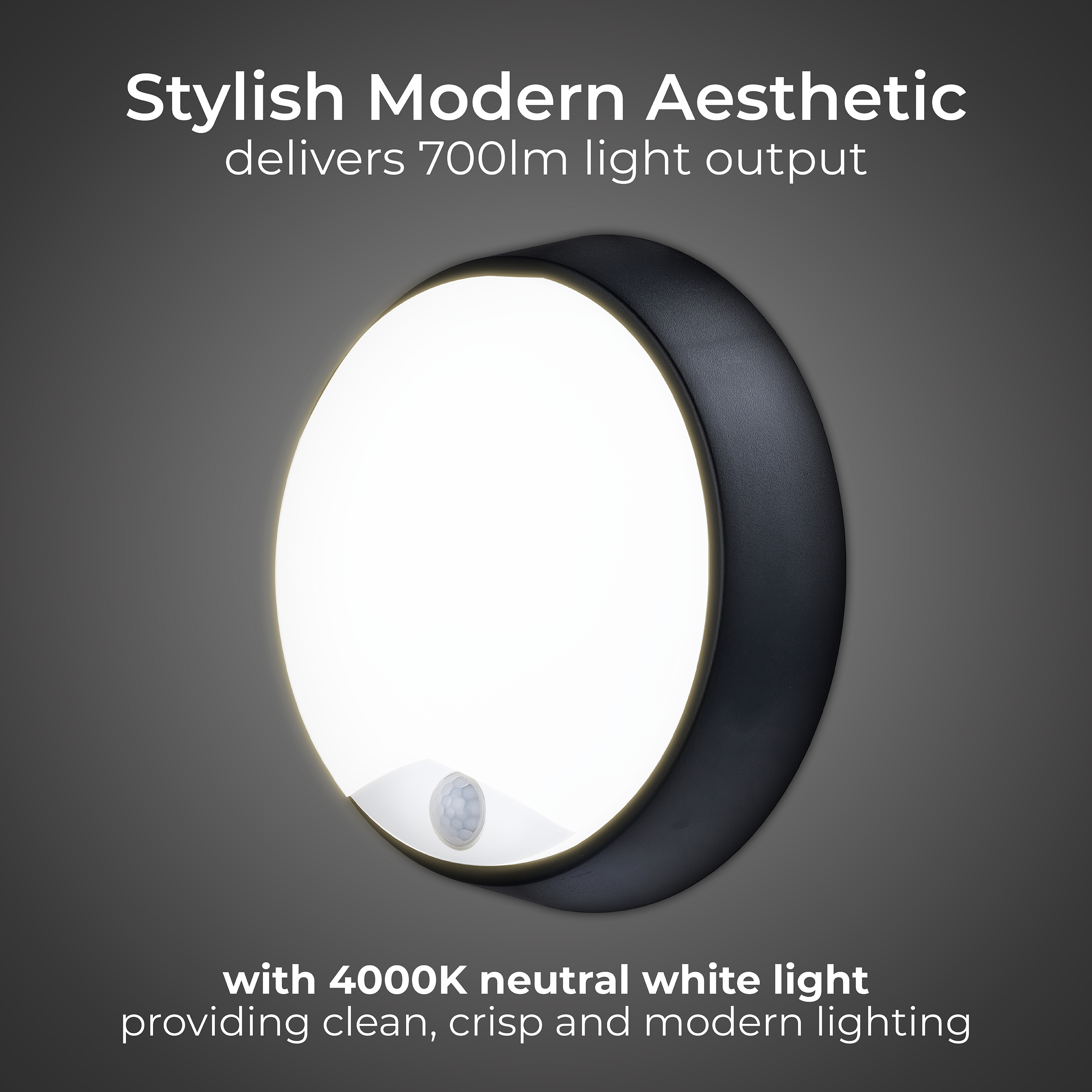 Exterior residential bulkhead round 700lumens with white or black bezel + PIR