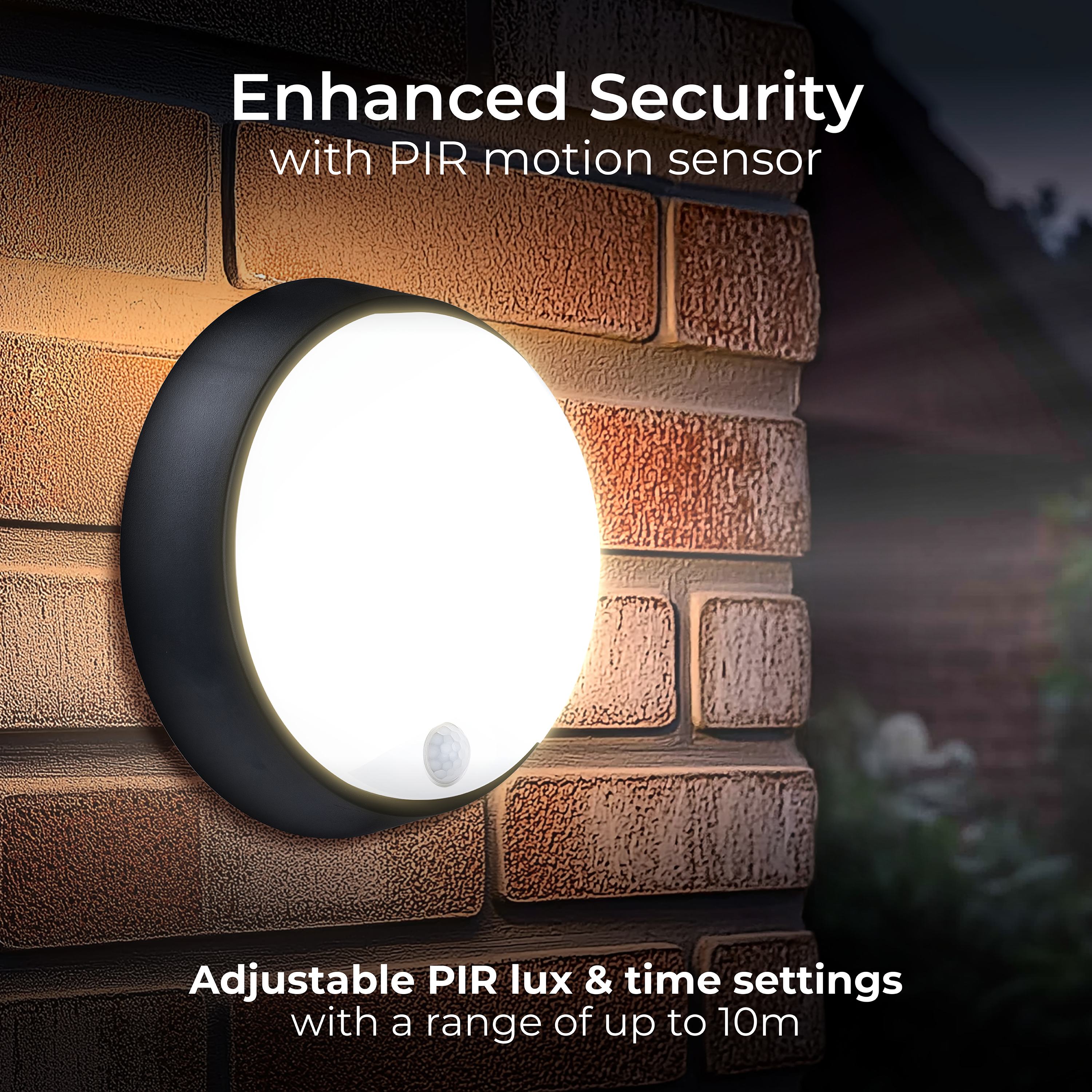 Exterior residential bulkhead round 700lumens with white or black bezel + PIR