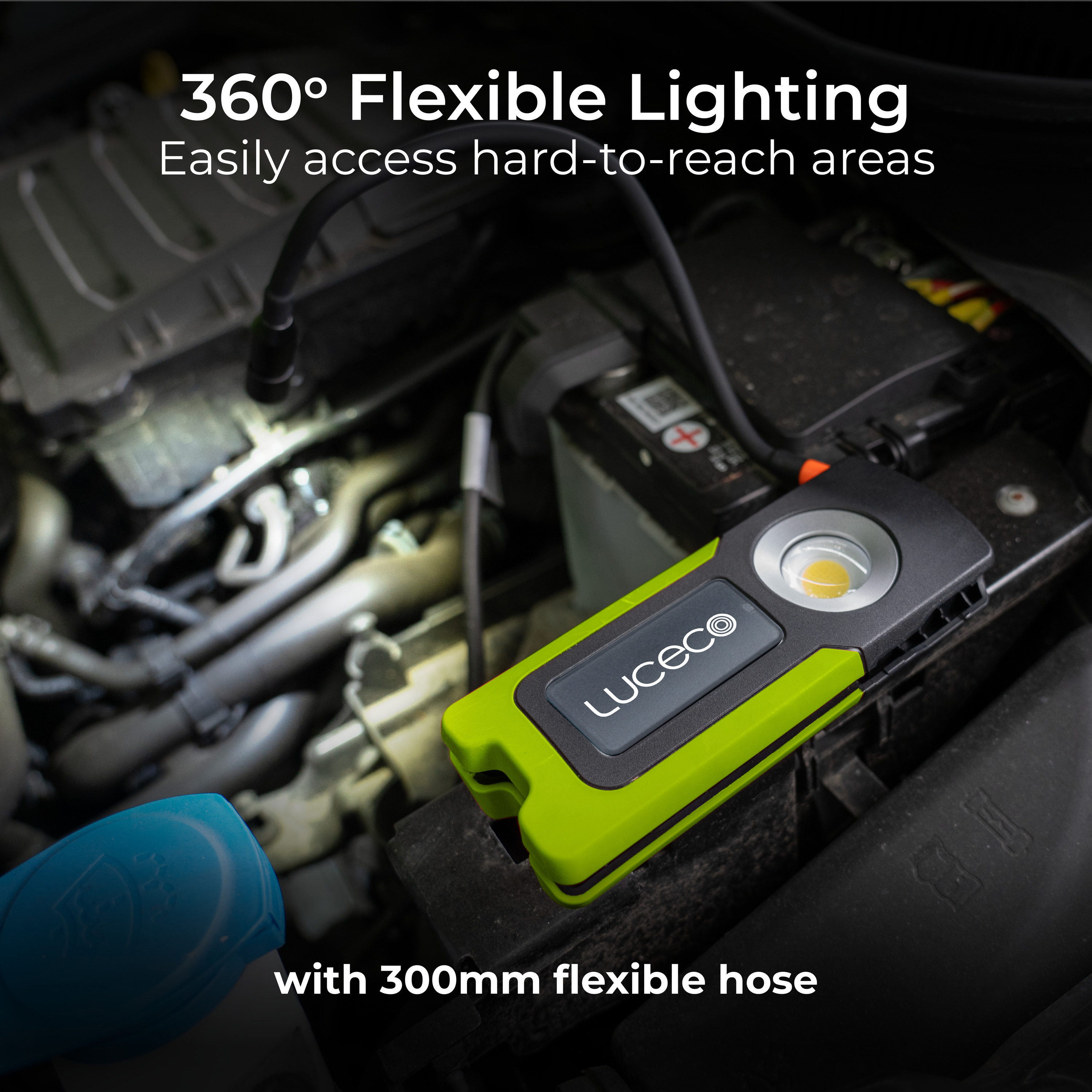 Luceco Inspection Pipe LED Torch with Flexible Hose, USB-C Rechargeable, Full Rotation, 4 Lighting Modes, Worklights, IP54, 10W, 1000lm, 6500K