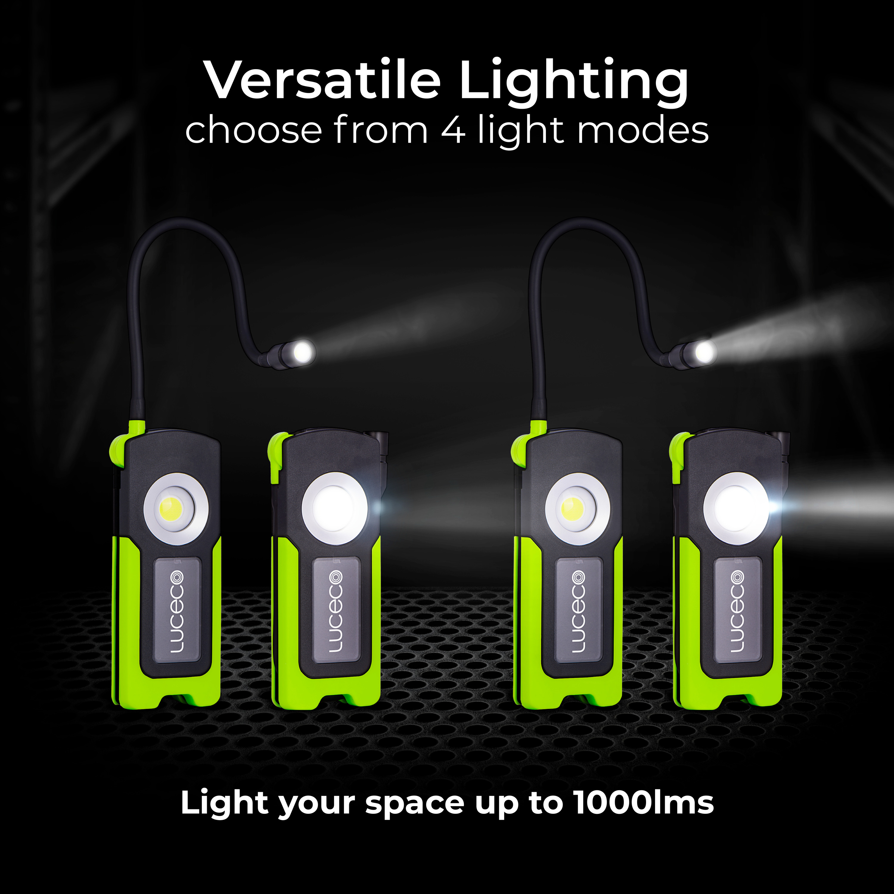 Luceco Inspection Pipe LED Torch with Flexible Hose, USB-C Rechargeable, Full Rotation, 4 Lighting Modes, Worklights, IP54, 10W, 1000lm, 6500K