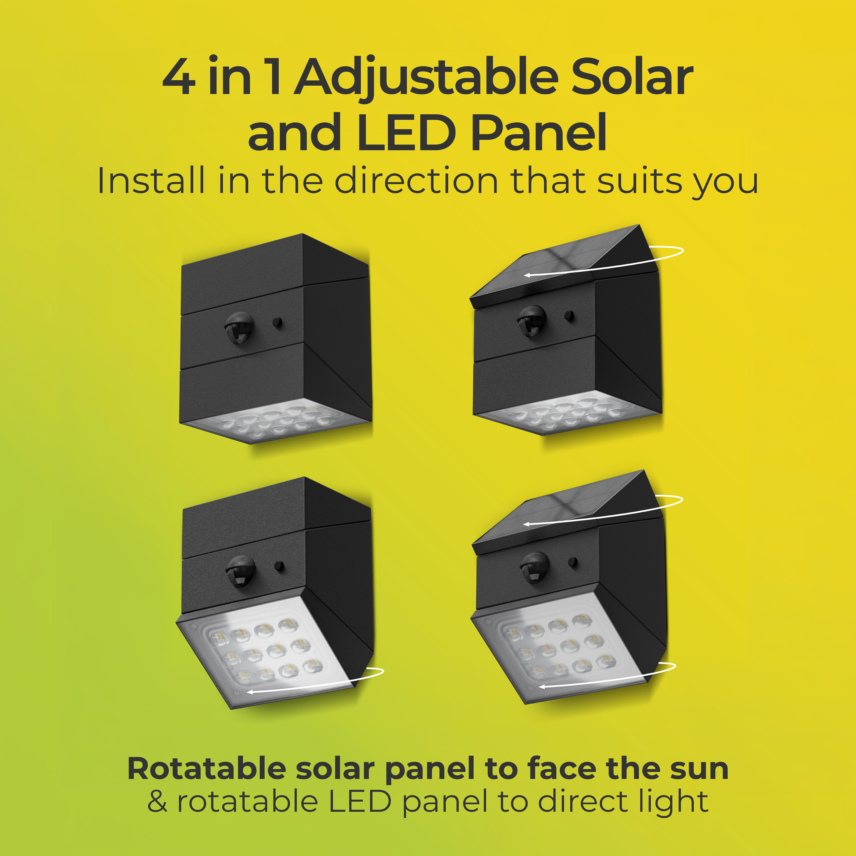 Luceco Rubix Solar Wall Light USB-C Port, PIR & CCT, Adjustable, Black