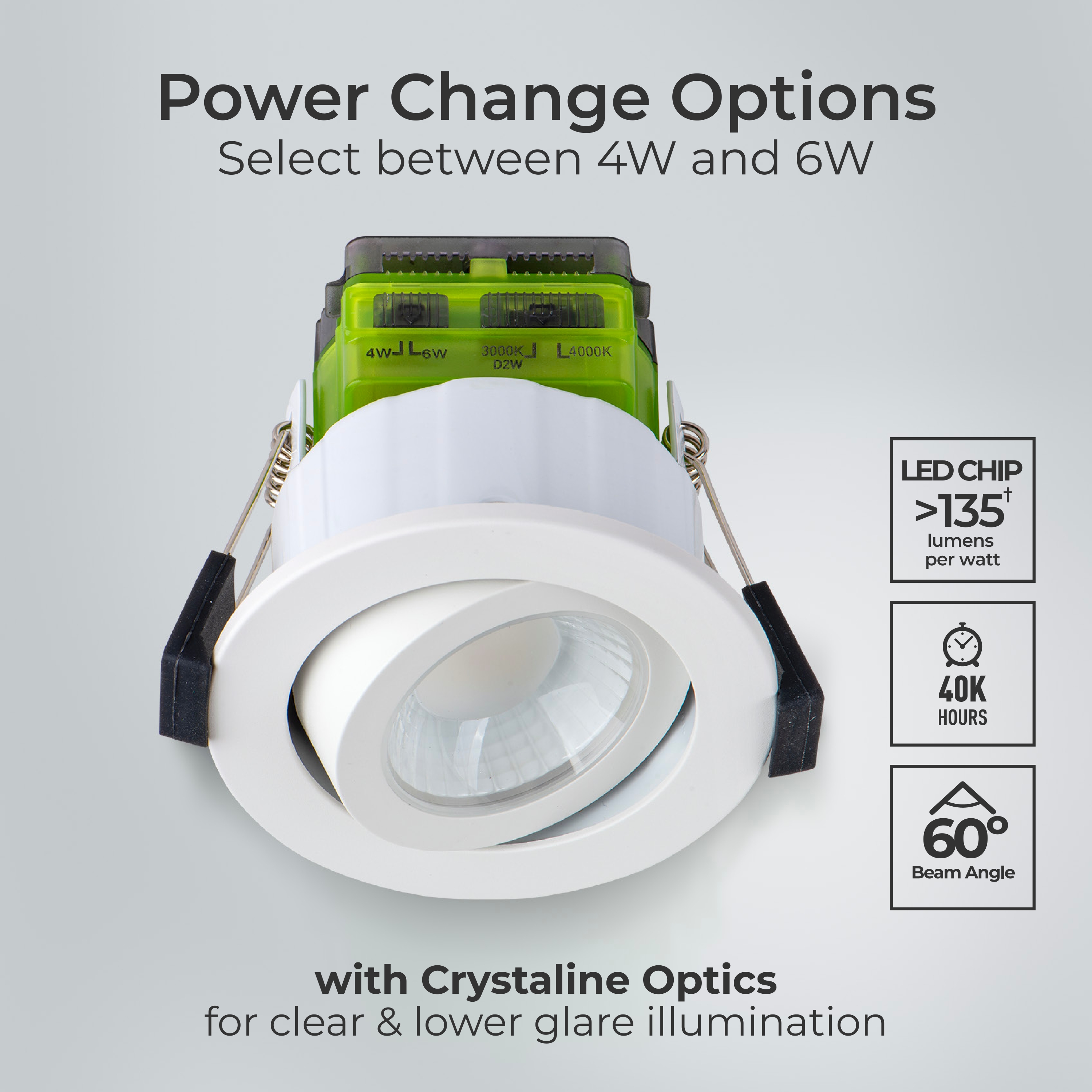 FType Mk2 Fire Rated Downlight 4W/6W 690lm Power Change & CCT Change 3000K / 4000K Dim2Warm IP20 White - Adjustable