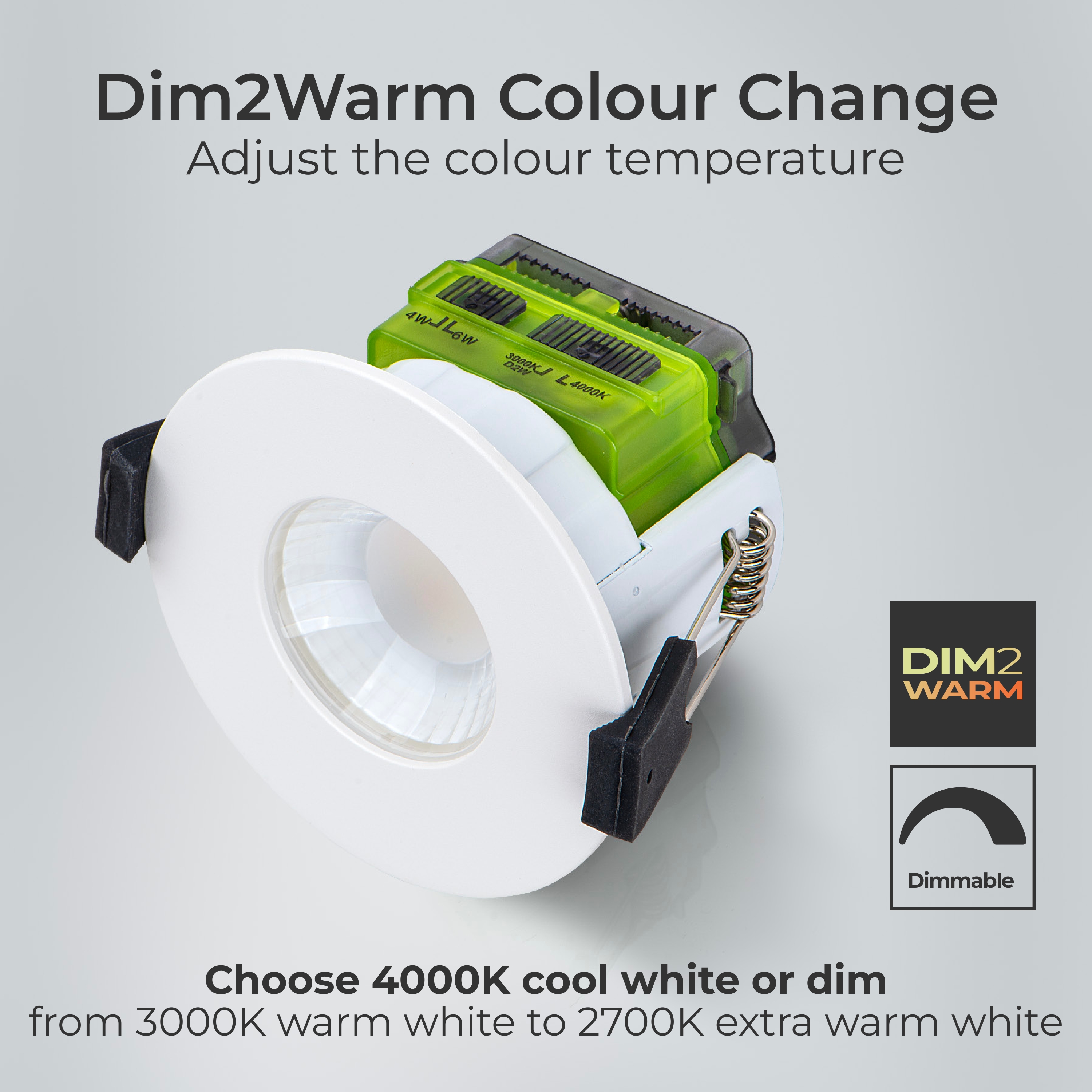 FType MK2 Fire Rated Downlight 4W/6W 750lm Power Change & CCT Change 3000K / 4000K Dim2Warm Dimmable IP65 White bezel - Flat