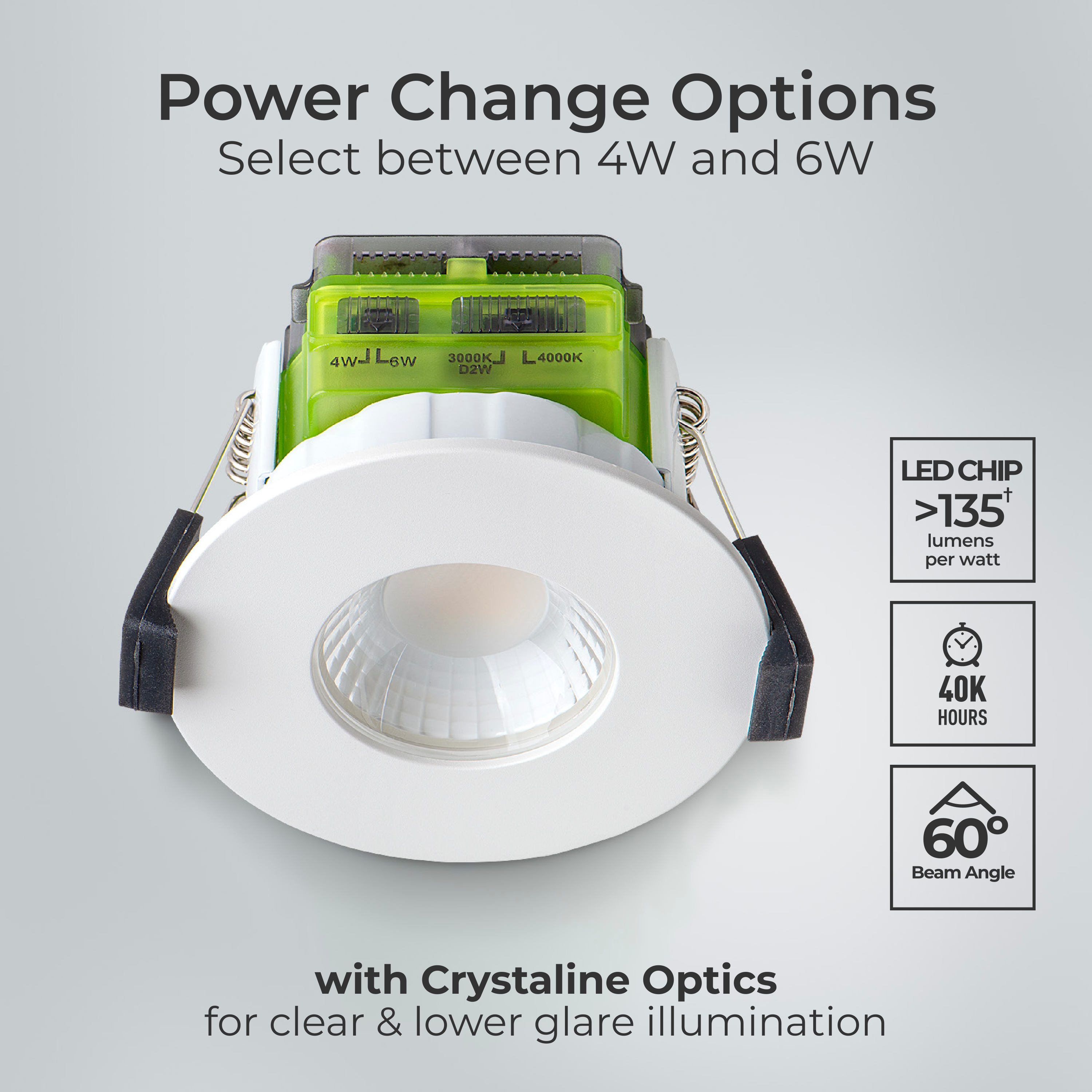FType MK2 Fire Rated Downlight 4W/6W 750lm Power Change & CCT Change 3000K / 4000K Dim2Warm Dimmable IP65 White bezel - Flat