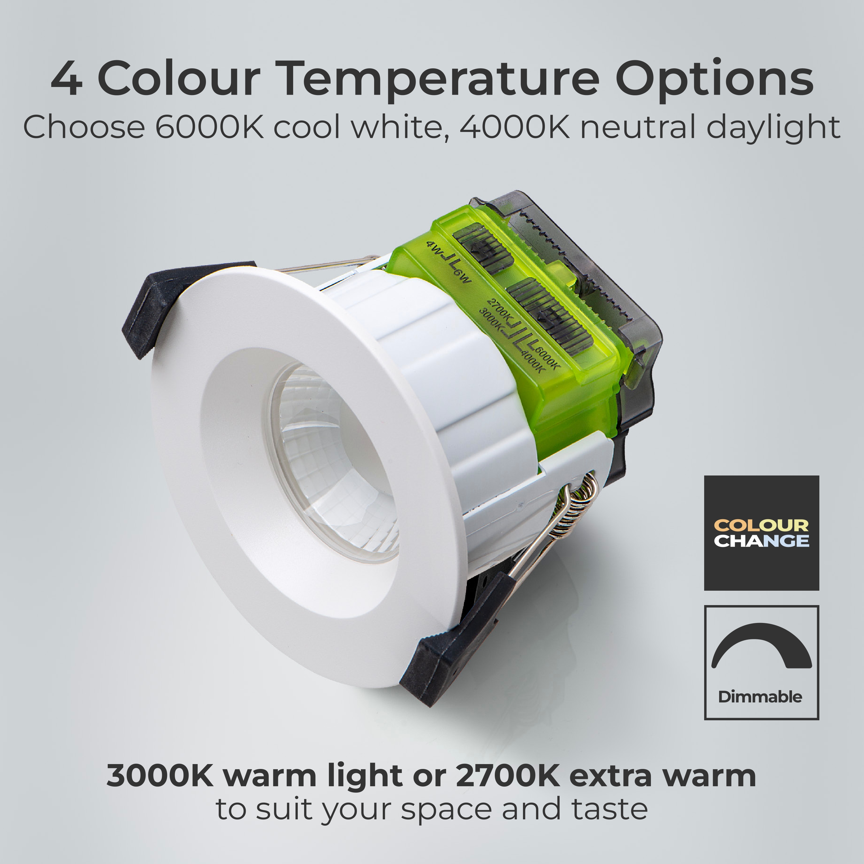 FType Mk2 Fire Rated Downlight 4W/6W 750lm Power Change & 4Colour CCT 2700K, 3000K, 4000K, 6000K Dimmable IP65 White - Regressed