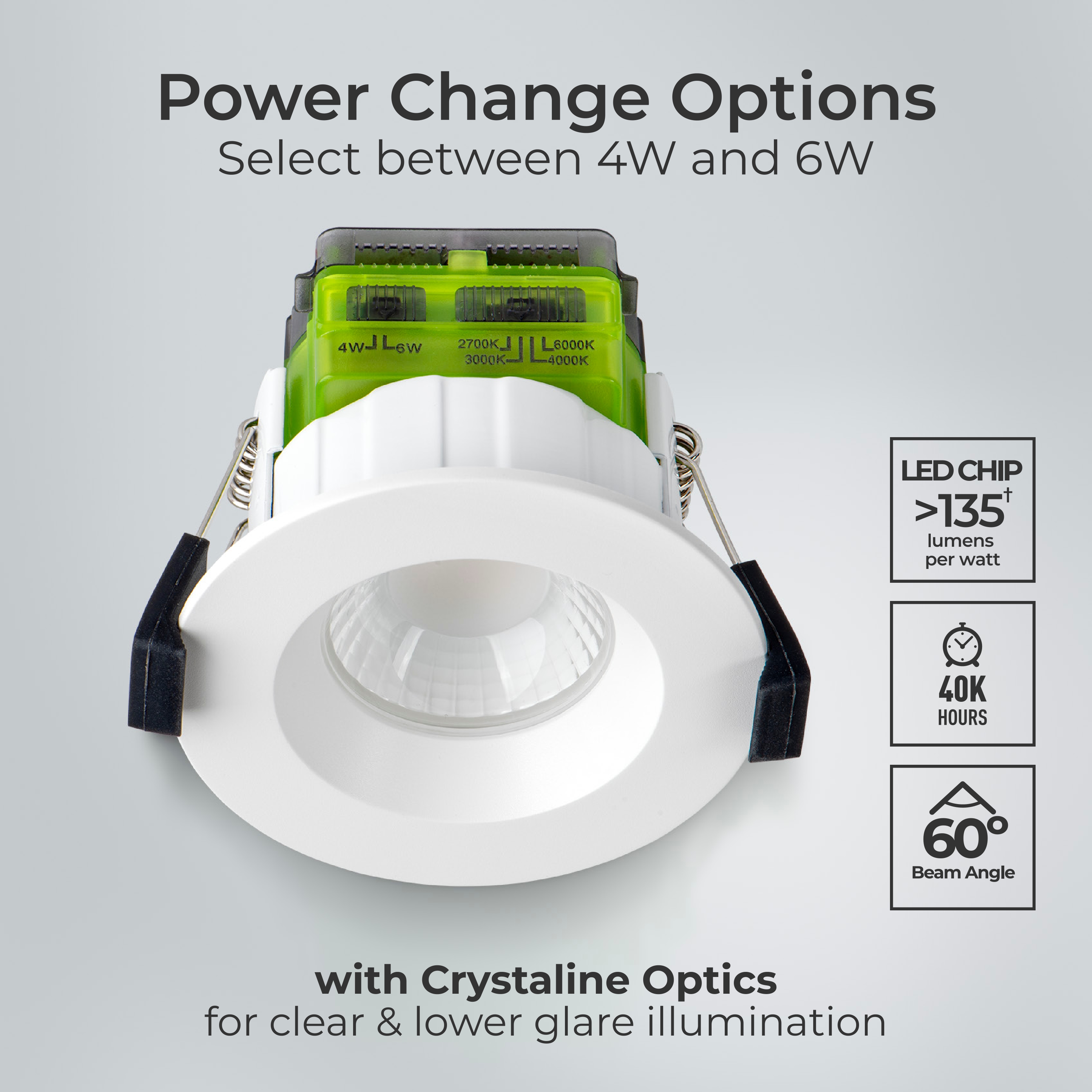 FType Mk2 Fire Rated Downlight 4W/6W 750lm Power Change & 4Colour CCT 2700K, 3000K, 4000K, 6000K Dimmable IP65 White - Regressed