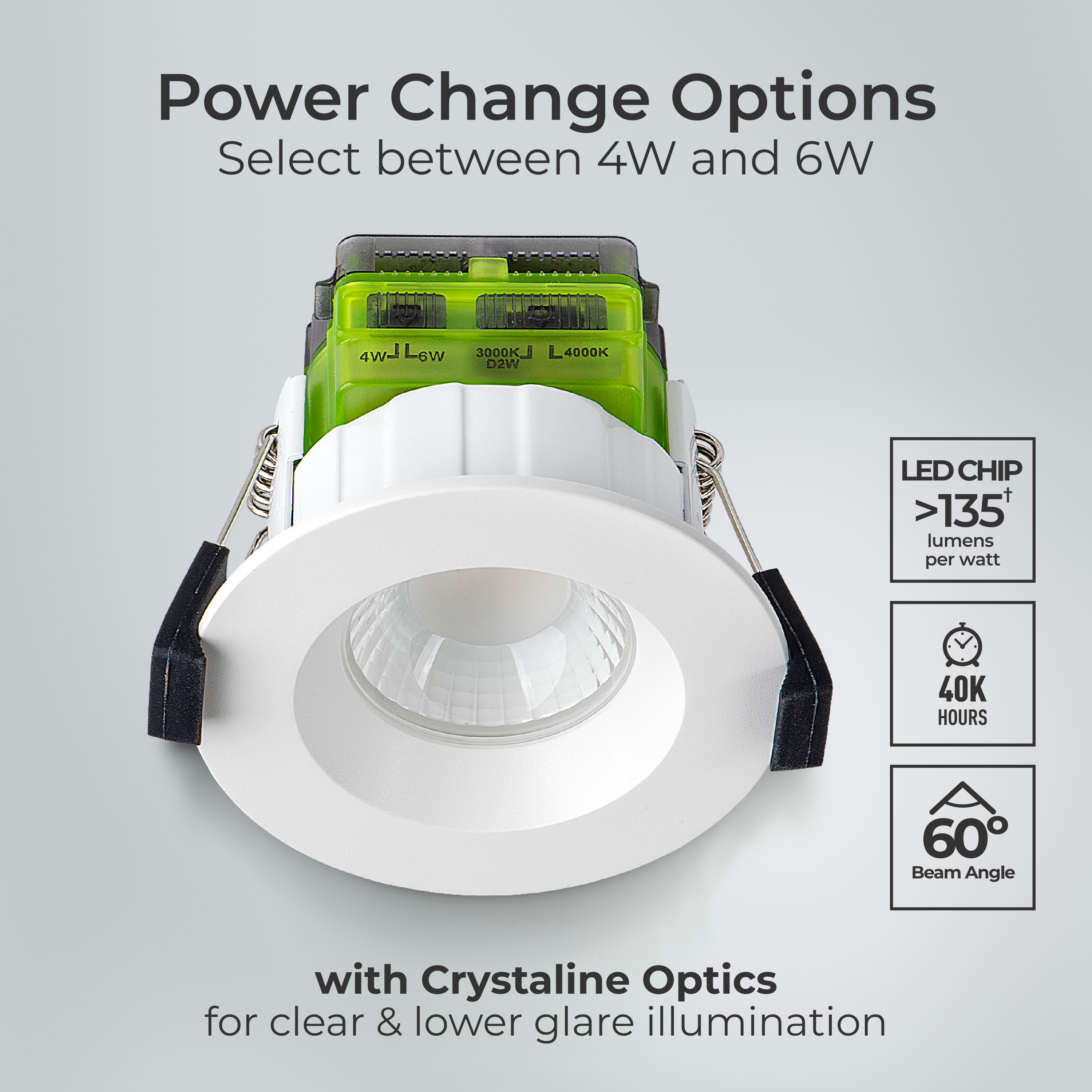 FType Mk2 Fire Rated Downlight 4W/6W 690lm Power Change & CCT Change 3000K / 4000K Dim2Warm Dimmable IP65 White - Regressed