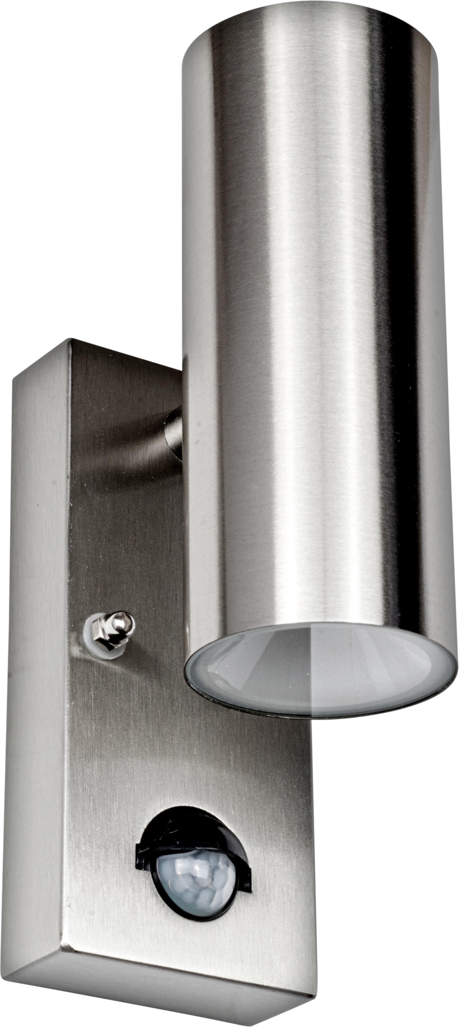 Stainless steel up/down wall light 500 lumens warm white colour temp with PIR