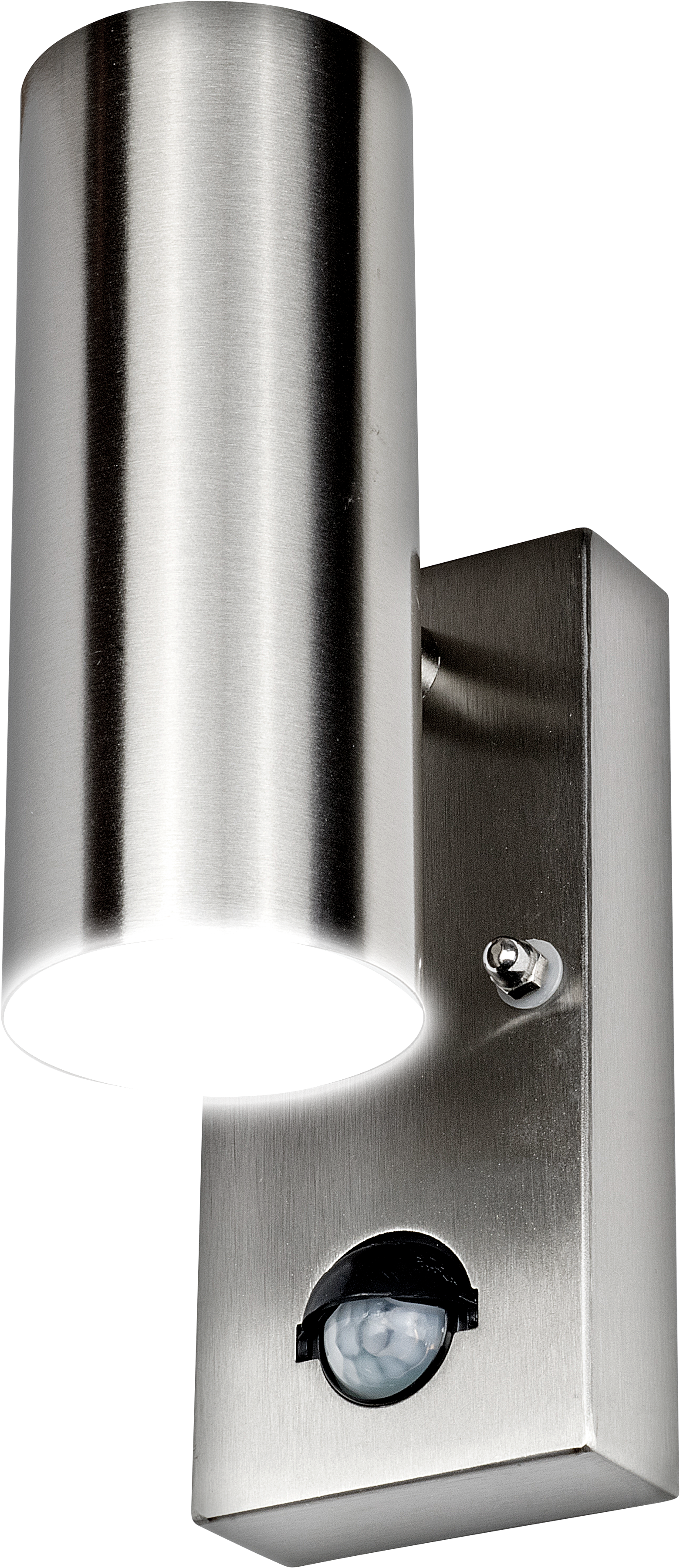 Stainless steel up/down wall light 500 lumens warm white colour temp with PIR